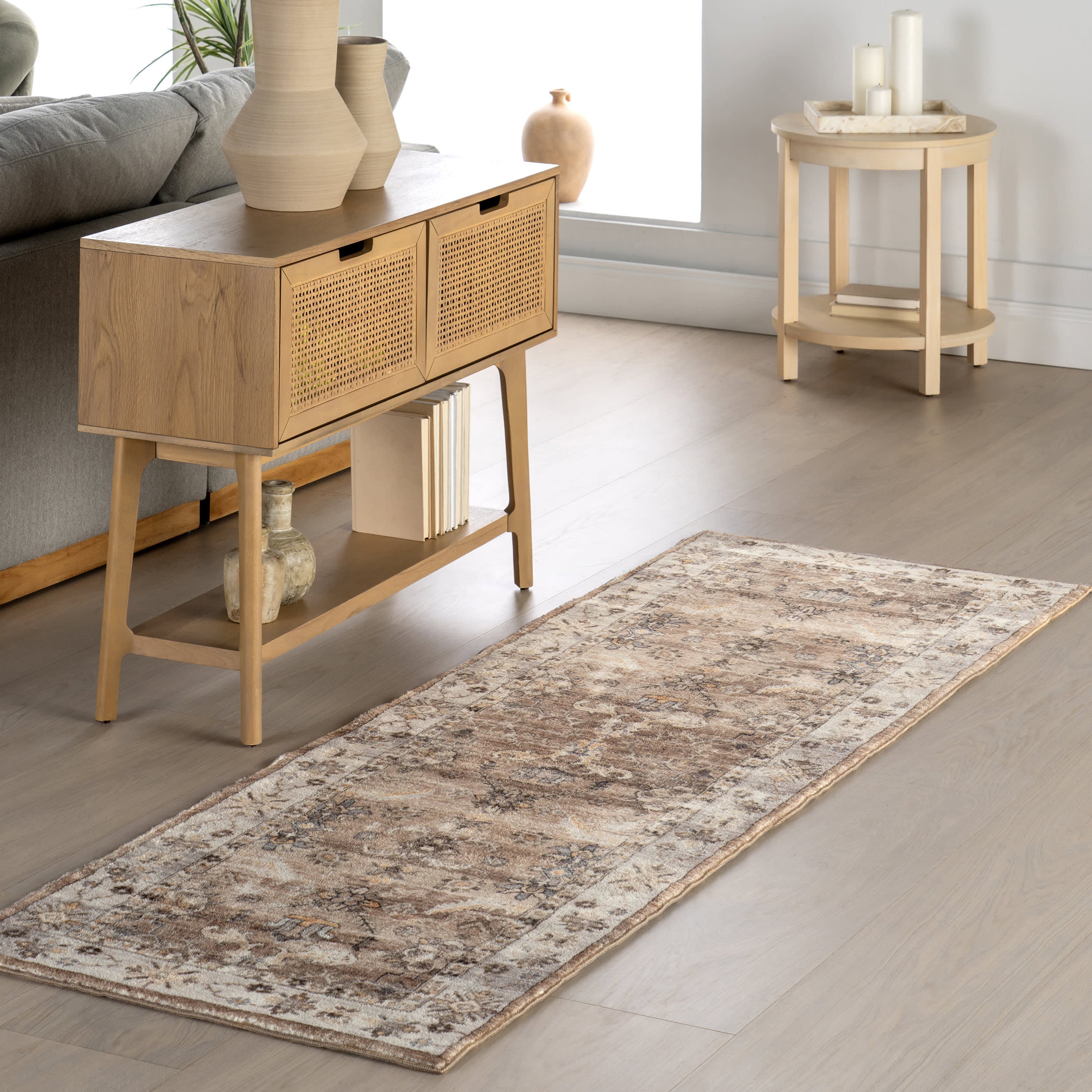 Erma Vintage Floral Medallion Washable Rug | Beige - Image 2