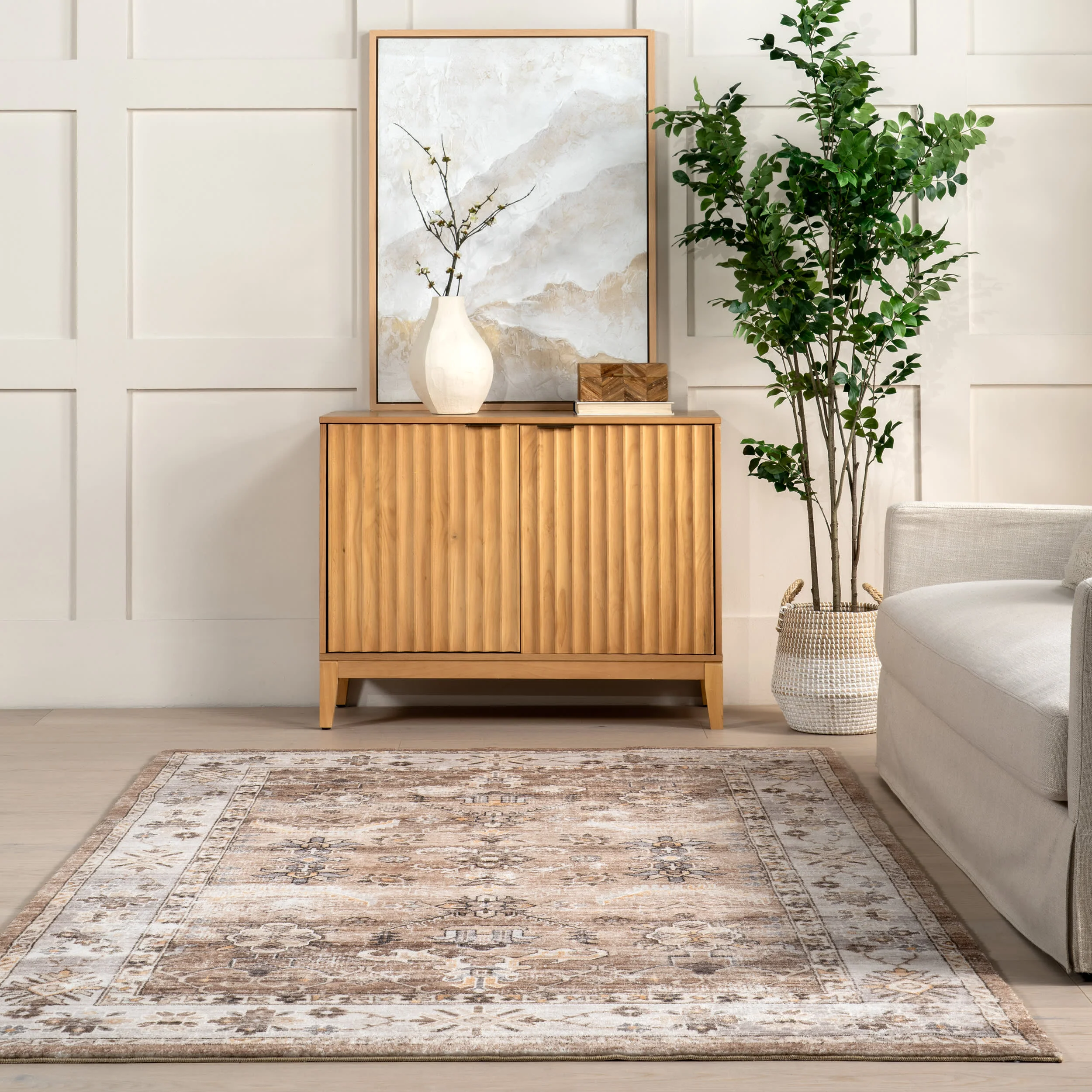 Erma Vintage Floral Medallion Washable Rug | Beige - Image 4