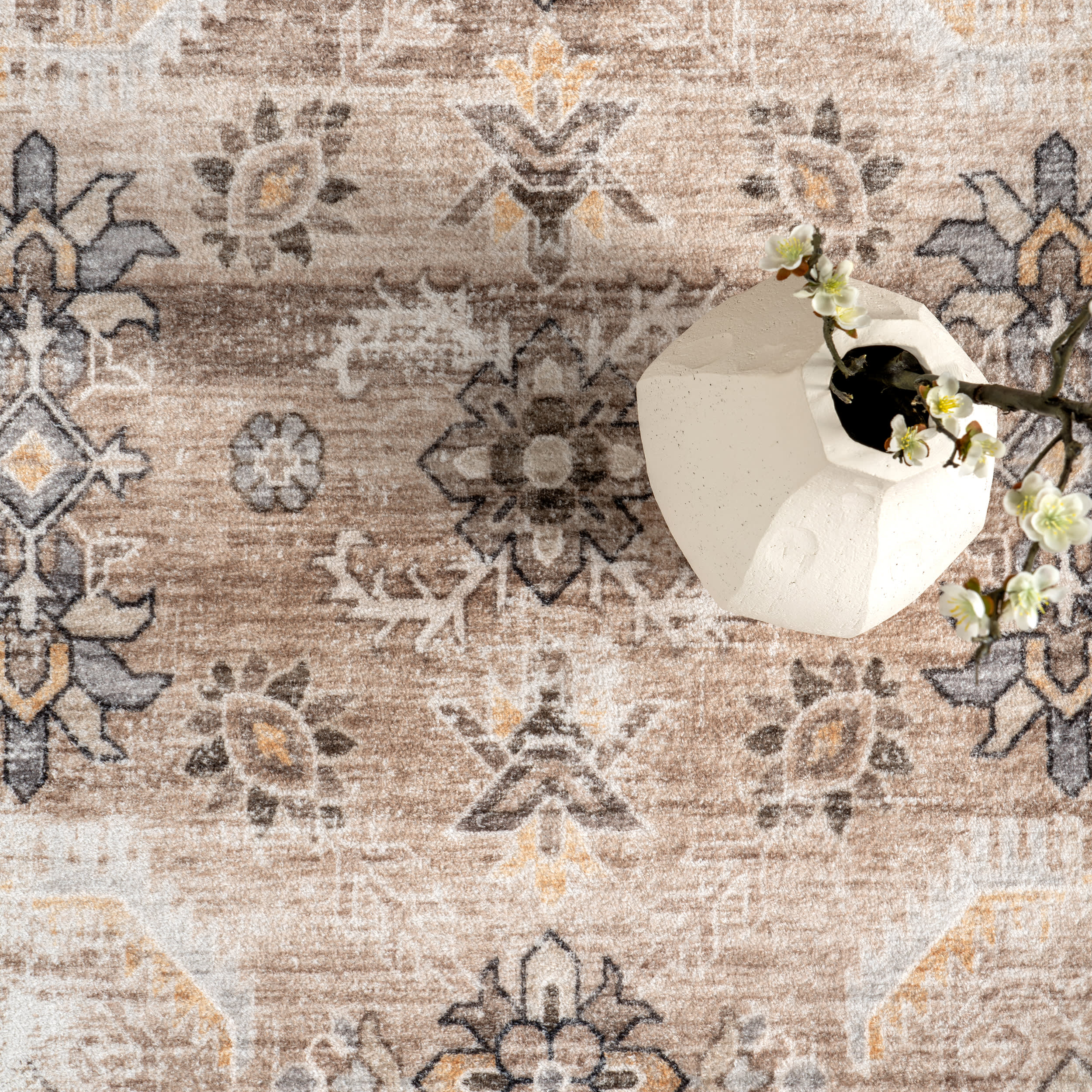 Erma Vintage Floral Medallion Washable Rug | Beige - Image 7