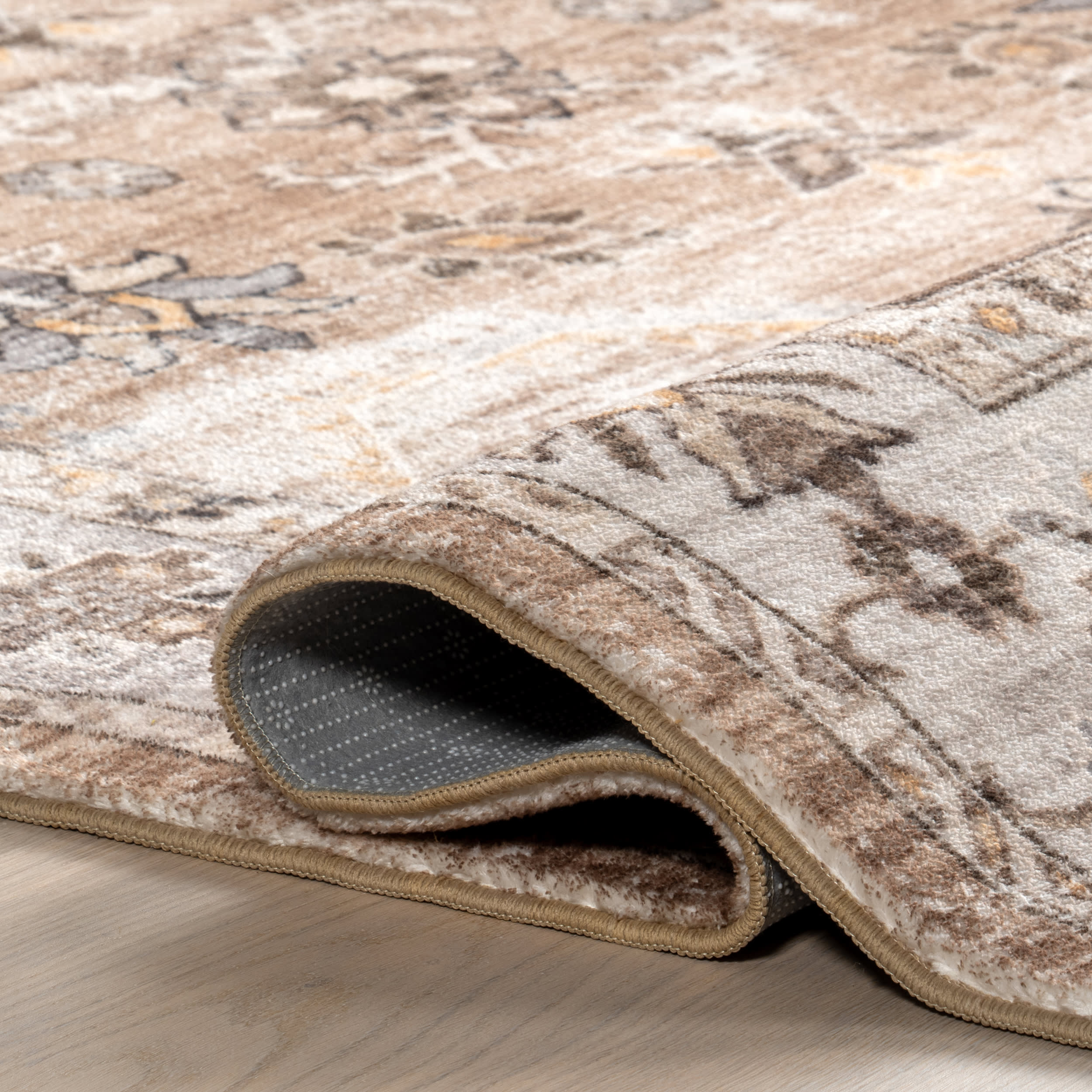 Erma Vintage Floral Medallion Washable Rug | Beige - Image 8