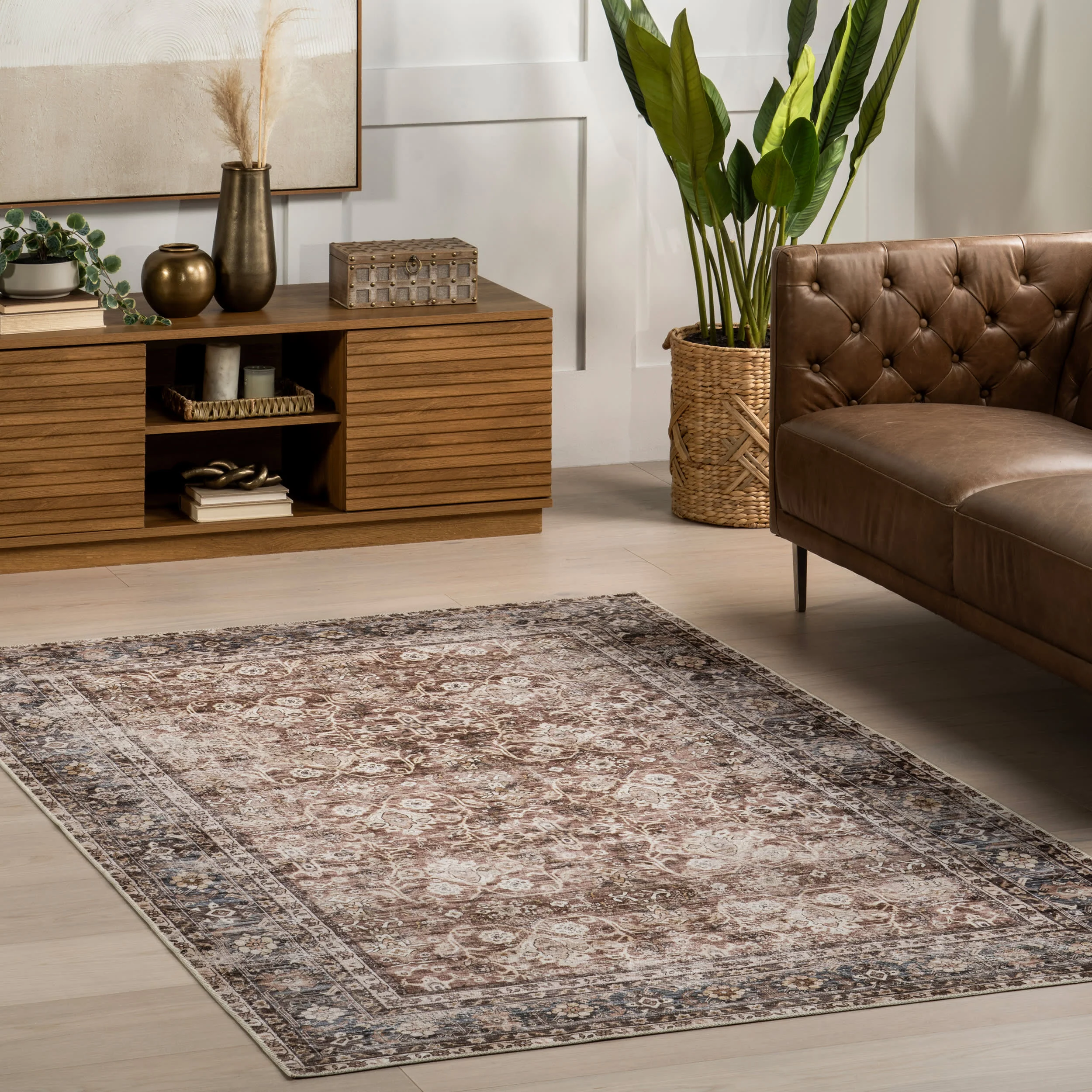 Eula Floral Spill Proof Washable Rug | Brown - Image 2