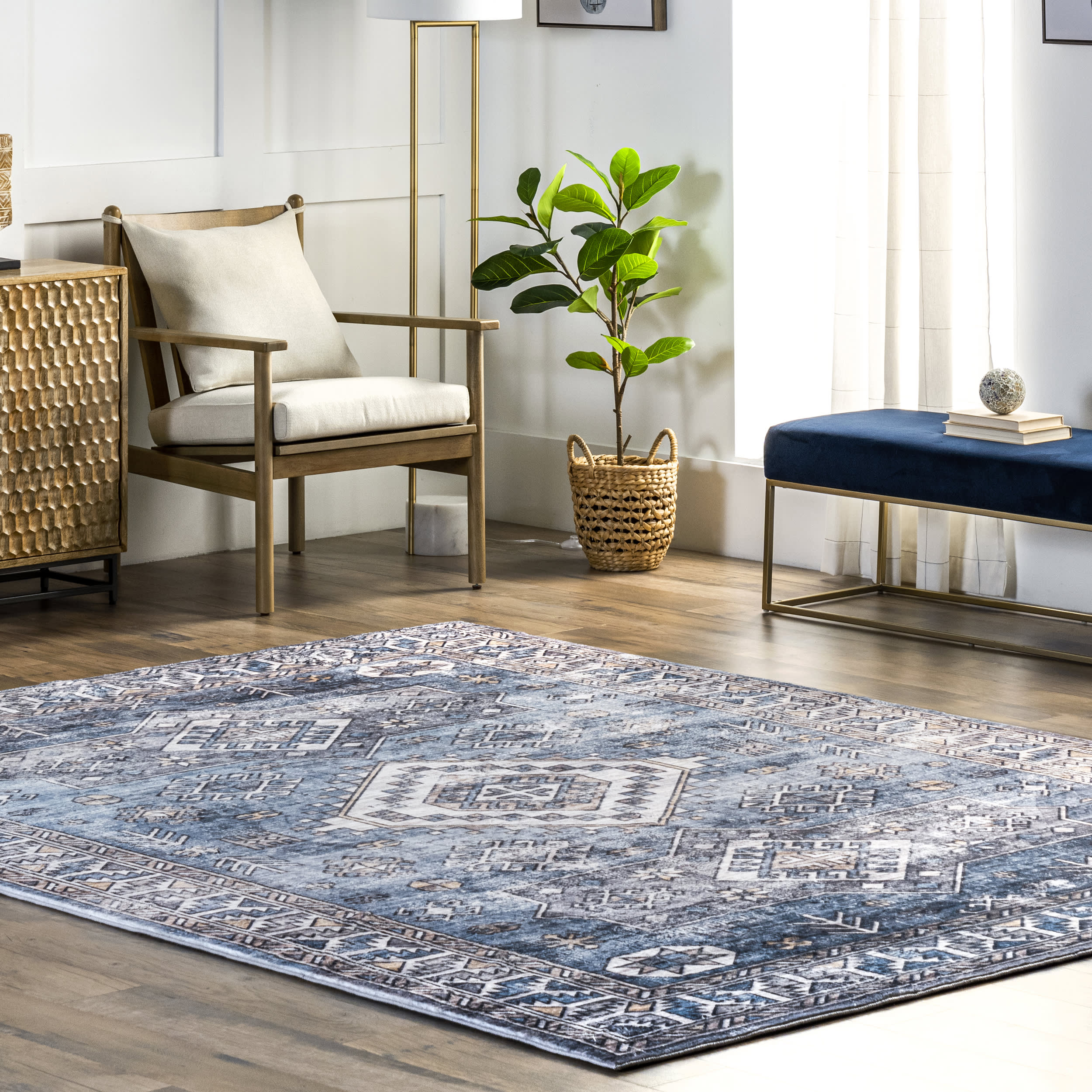 Evelyn Bordered Aztec Rug | Blue - Image 2