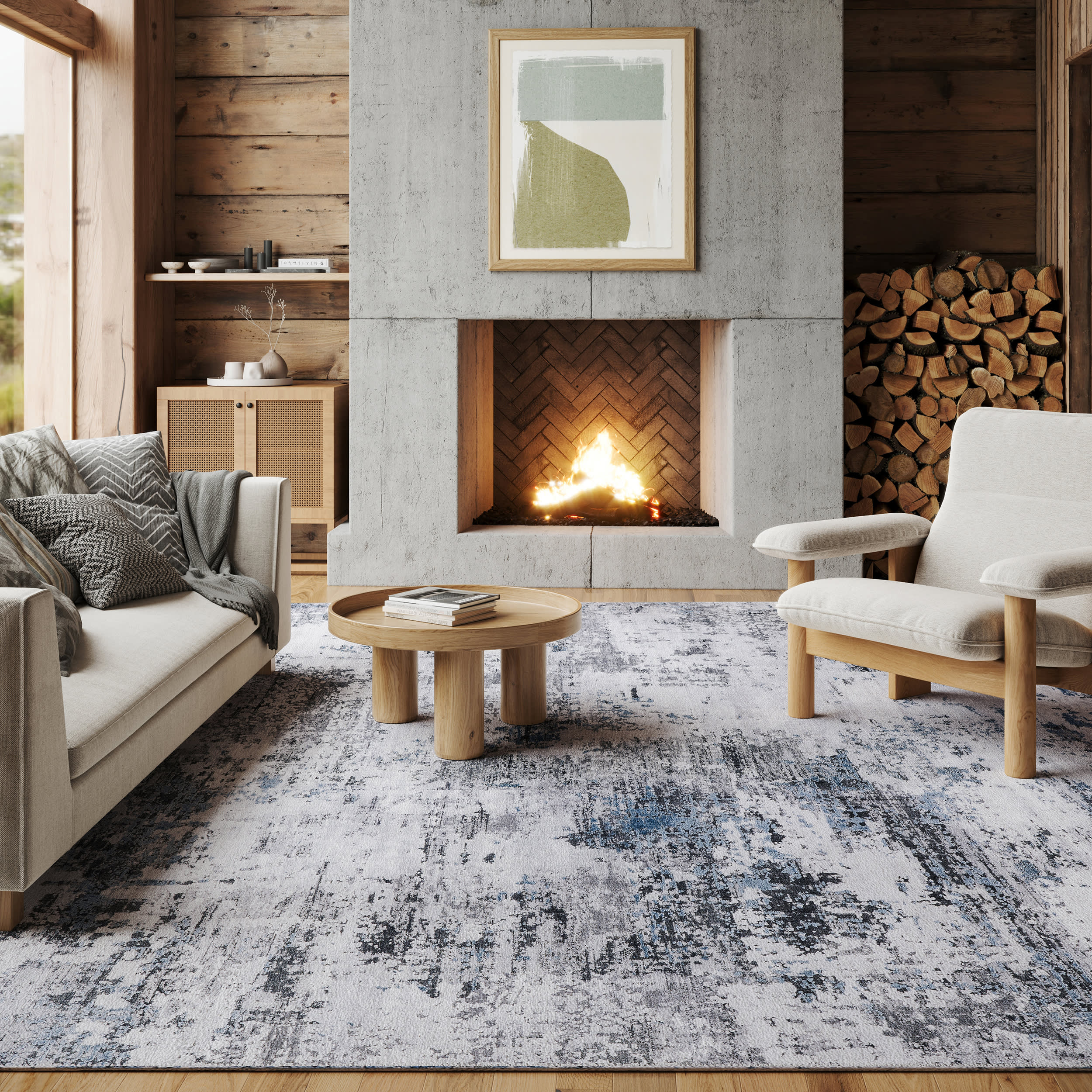 Faded Abstract Spill Proof Washable Rug | Blue Grey - Image 2