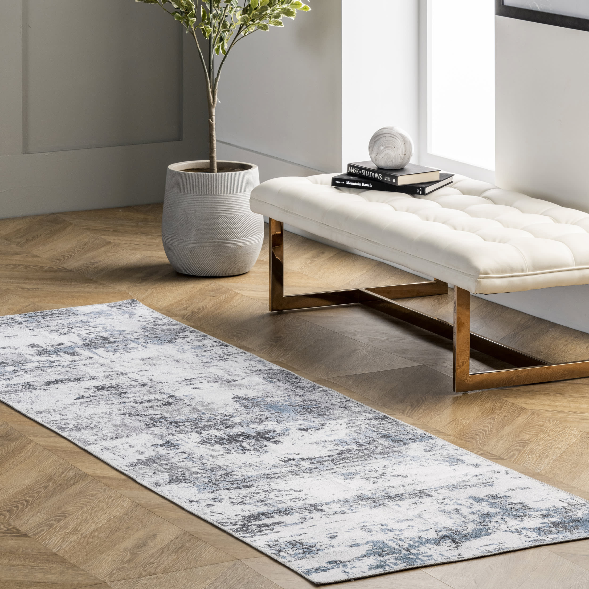 Faded Abstract Washable Rug | Blue Grey - Image 2