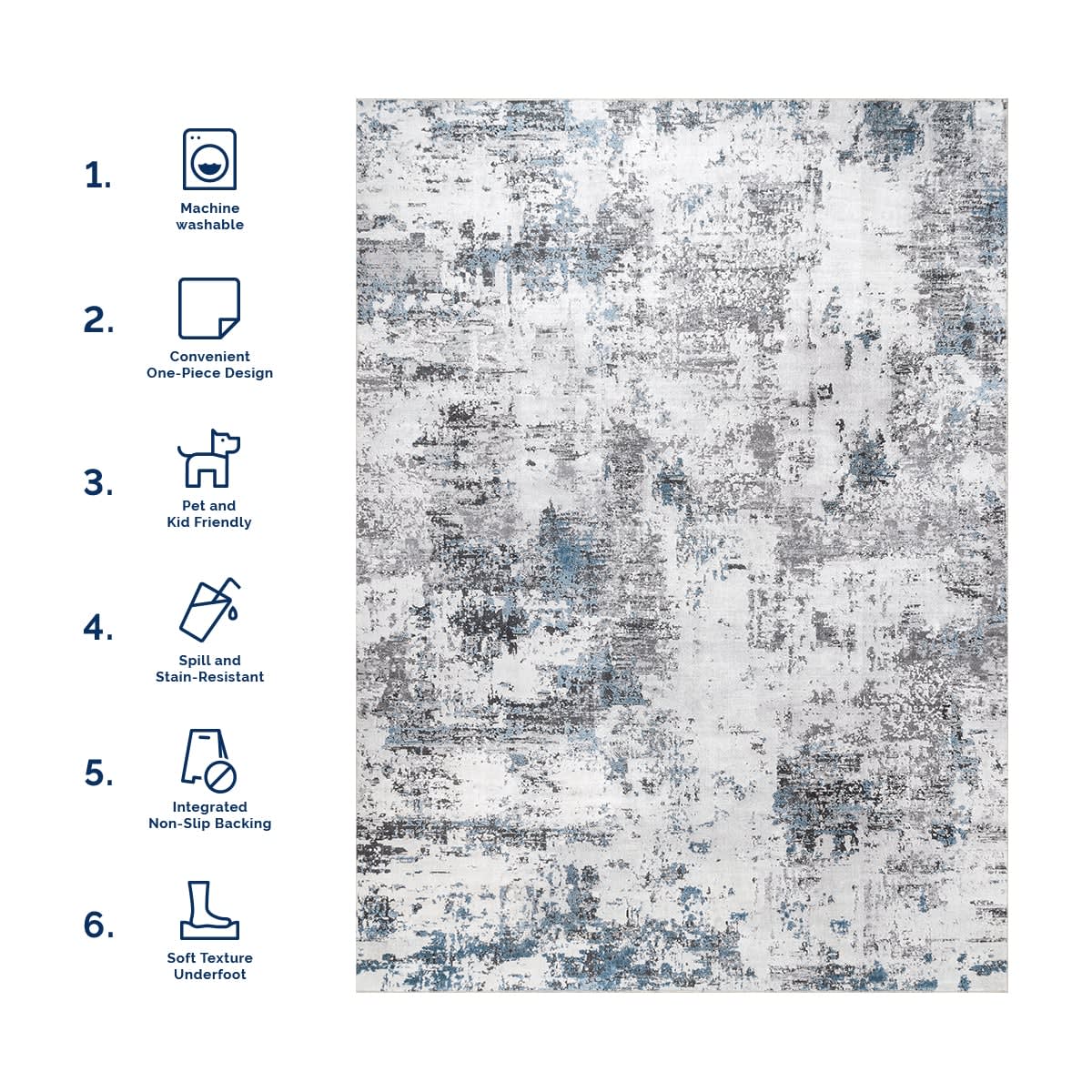 Faded Abstract Washable Rug | Blue Grey - Image 6