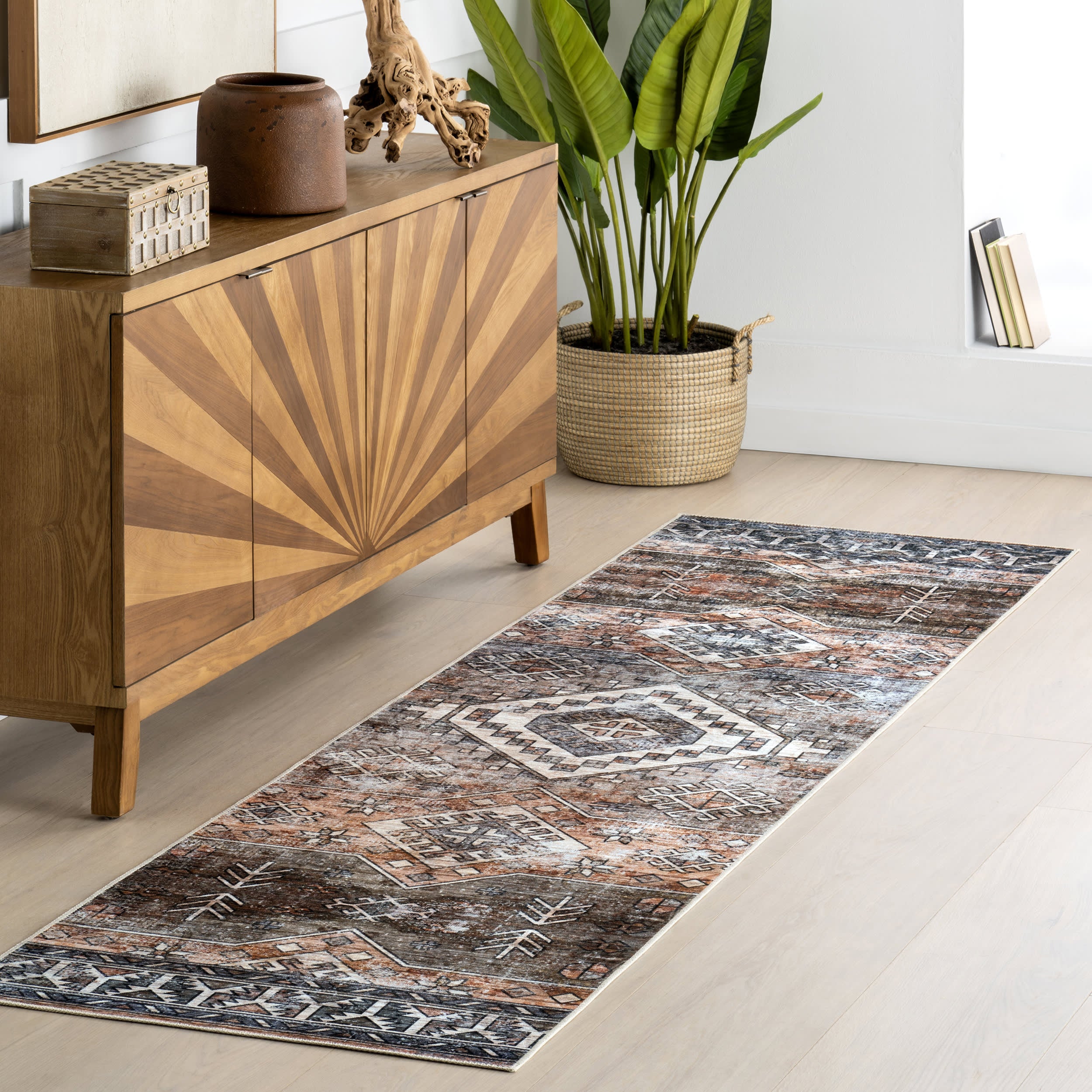 Faded Geometric Spill Proof Washable Rug | Rust - Image 2