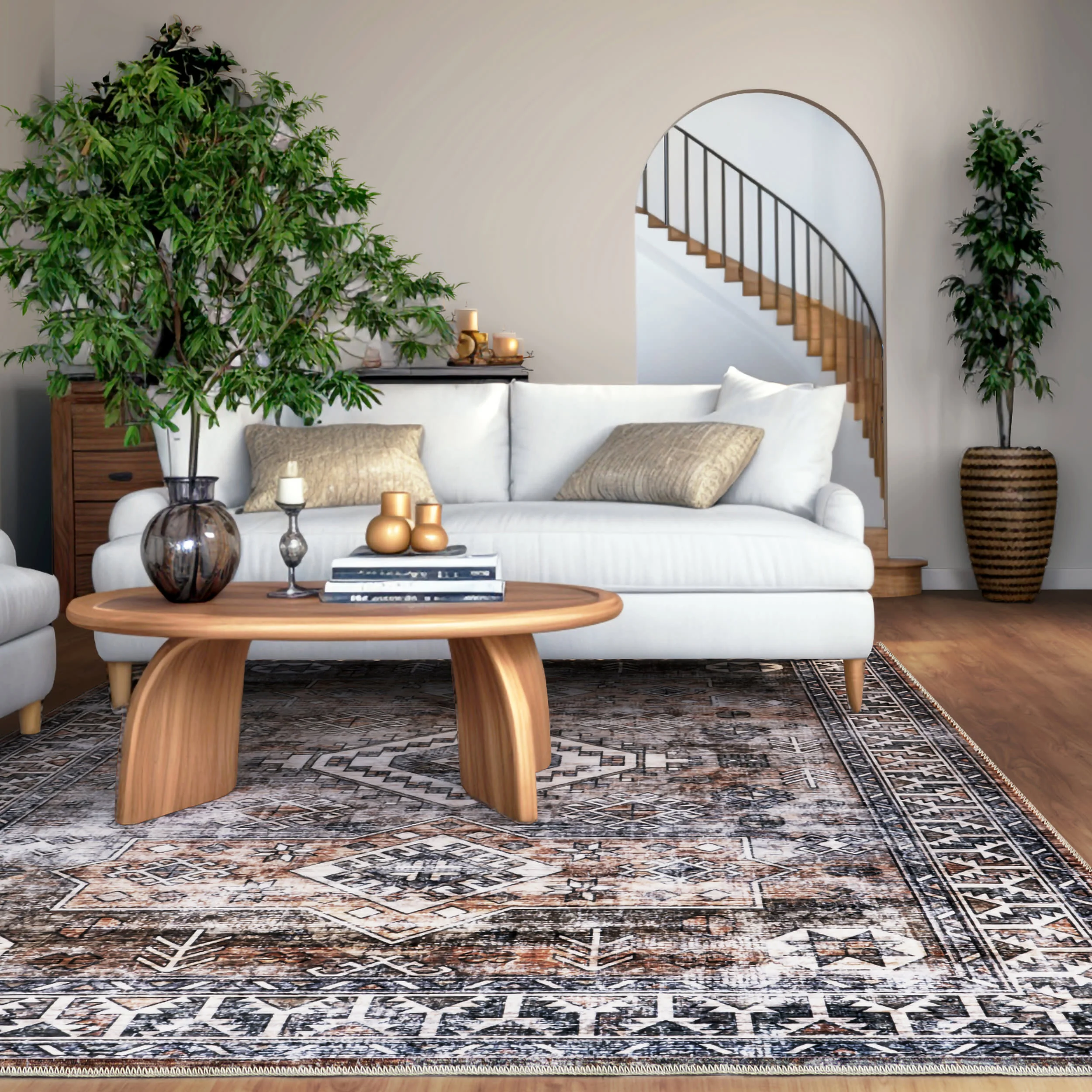 Faded Geometric Spill Proof Washable Rug | Rust - Image 2