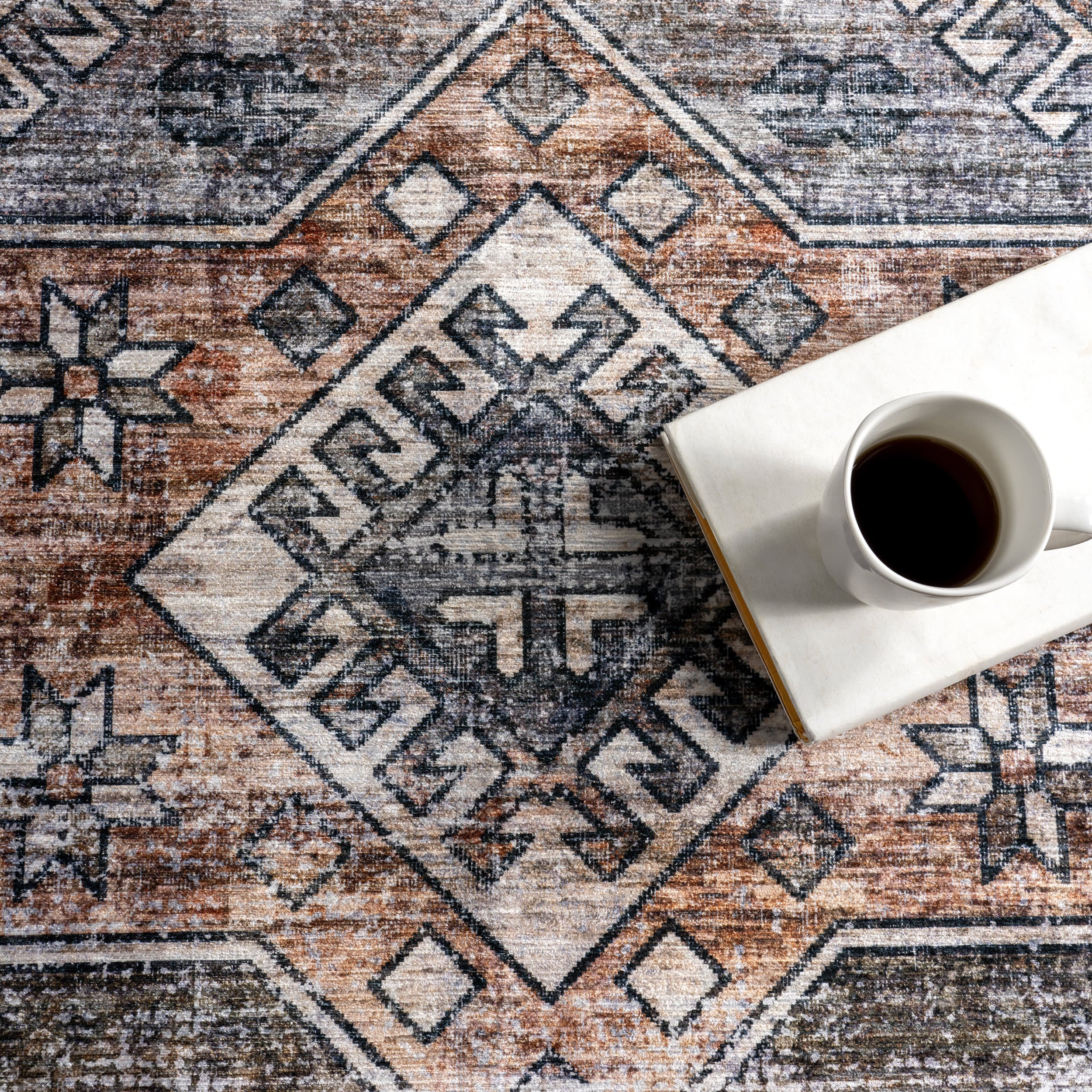 Faded Geometric Spill Proof Washable Rug | Rust - Image 7