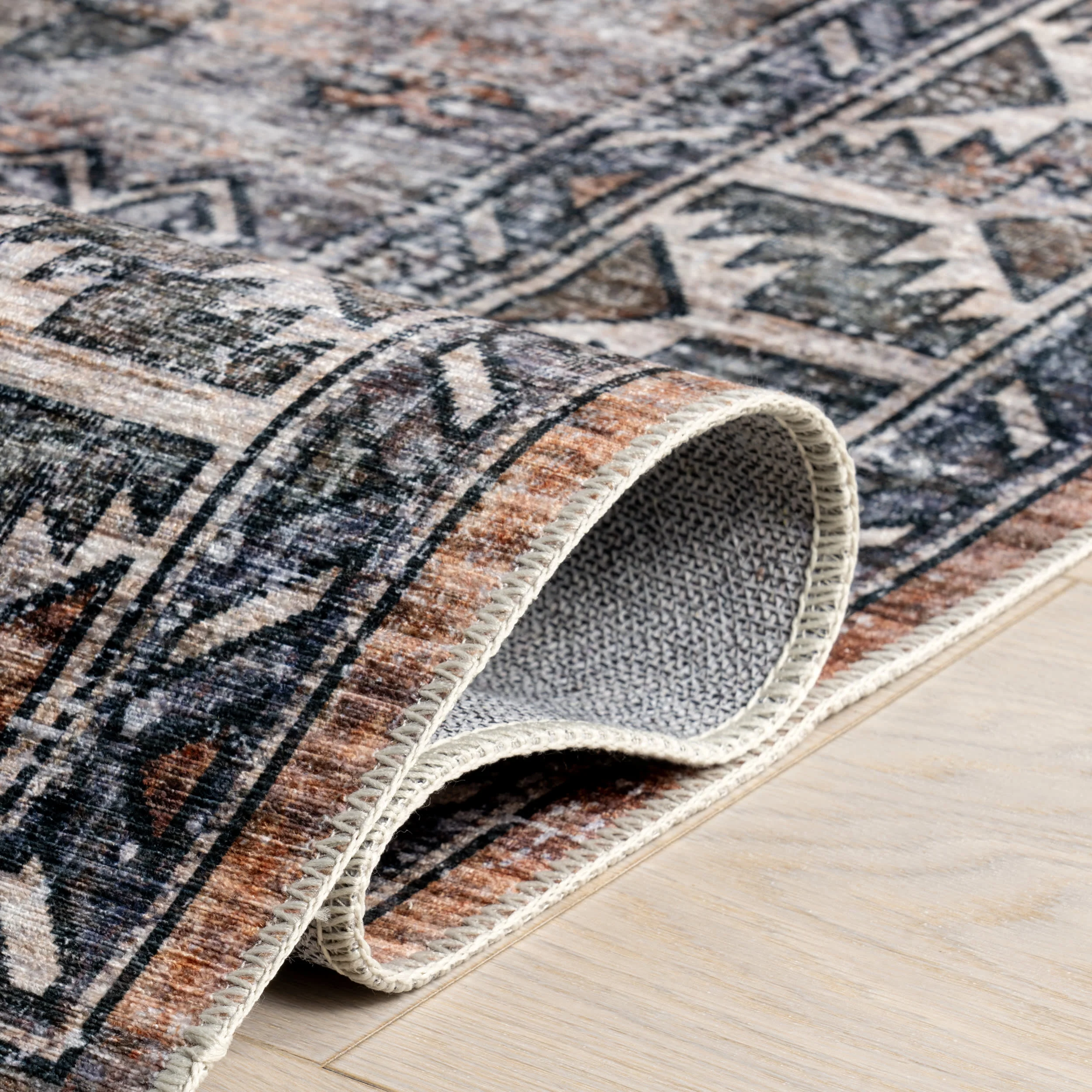 Faded Geometric Spill Proof Washable Rug | Rust - Image 8