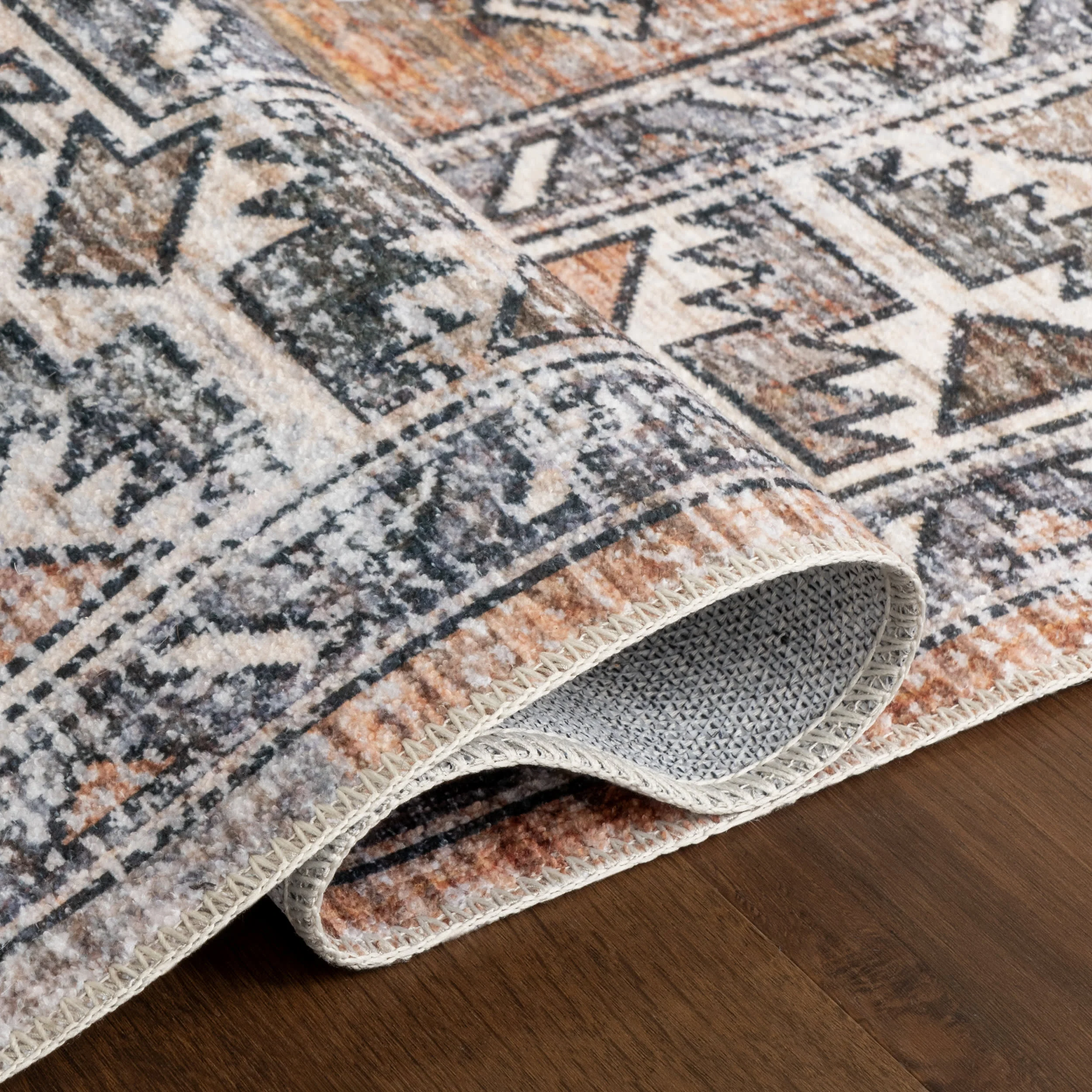 Faded Geometric Washable Rug | Rust - Image 10