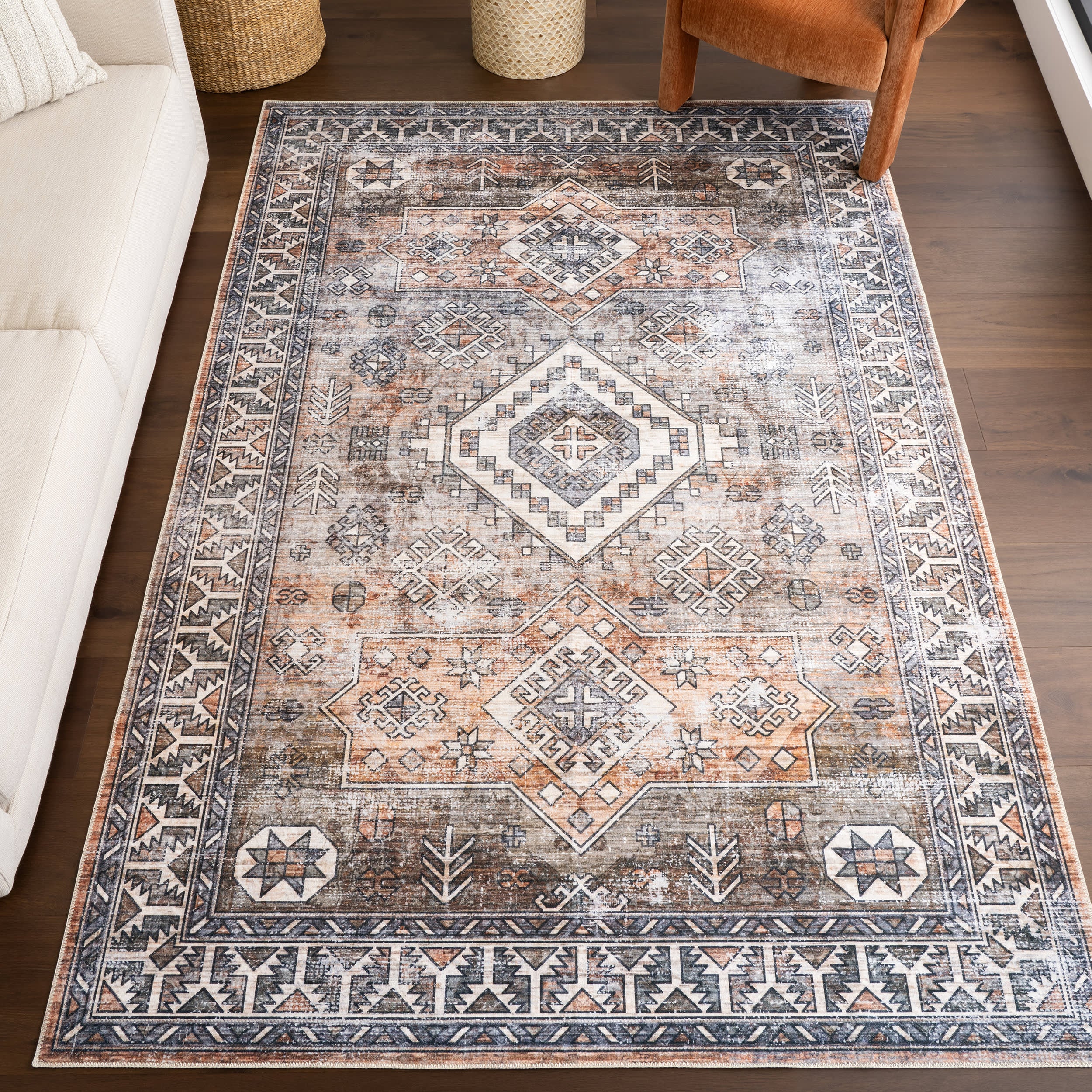 Faded Geometric Washable Rug | Rust - Image 2