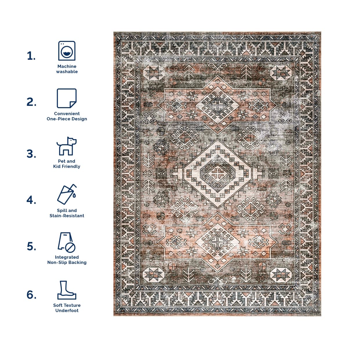 Faded Geometric Washable Rug | Rust - Image 7