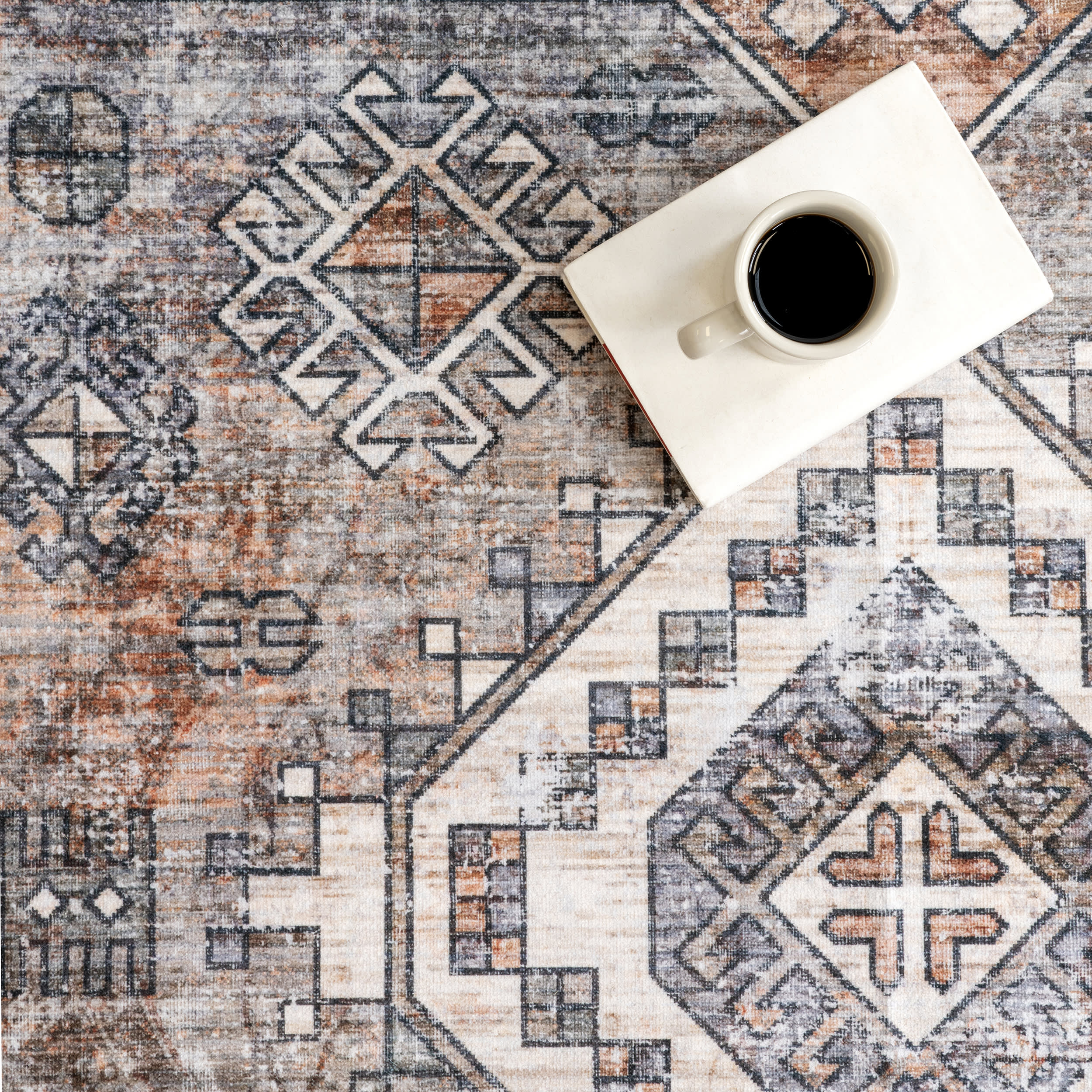 Faded Geometric Washable Rug | Rust - Image 9