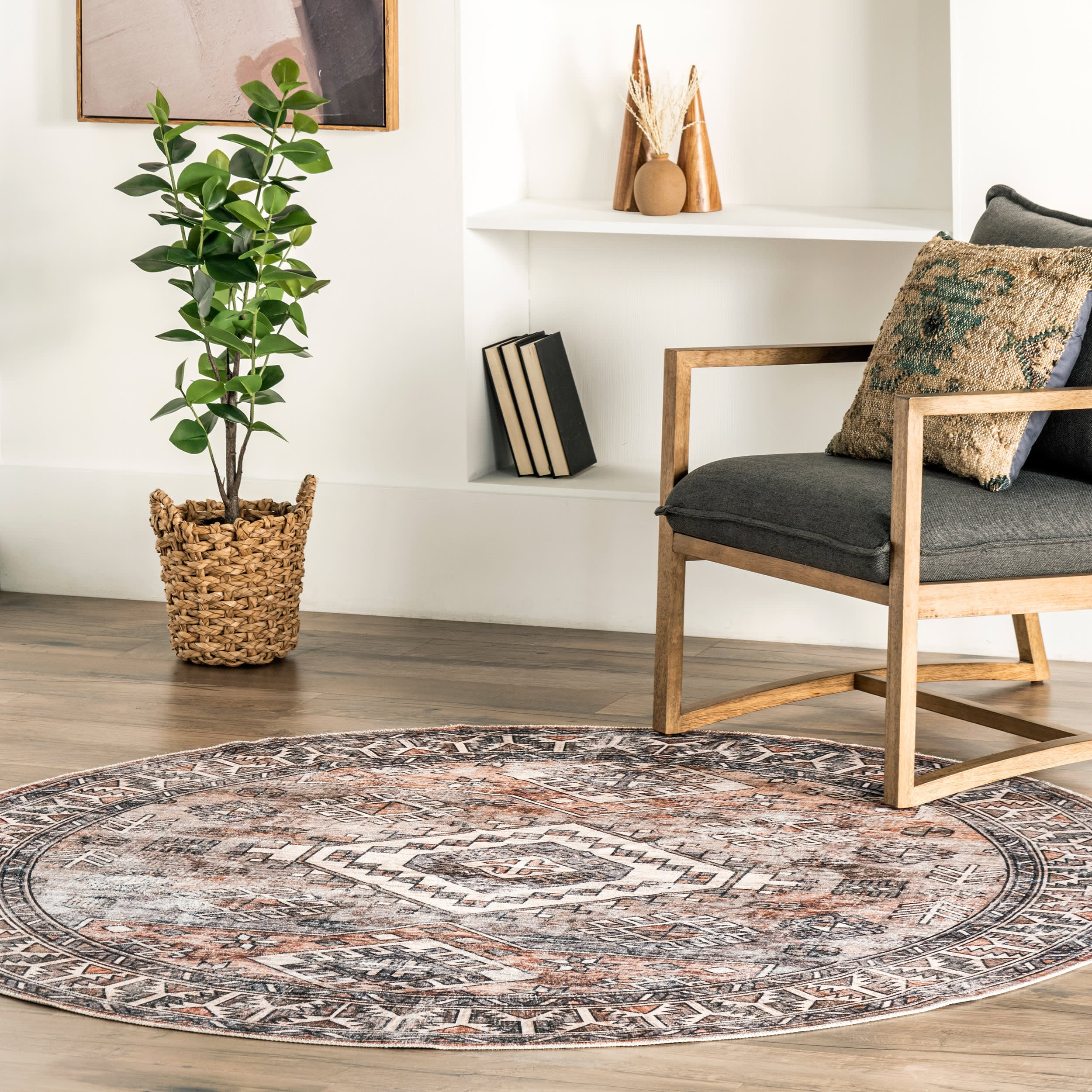 Faded Geometric Washable Rug | Rust - Image 2