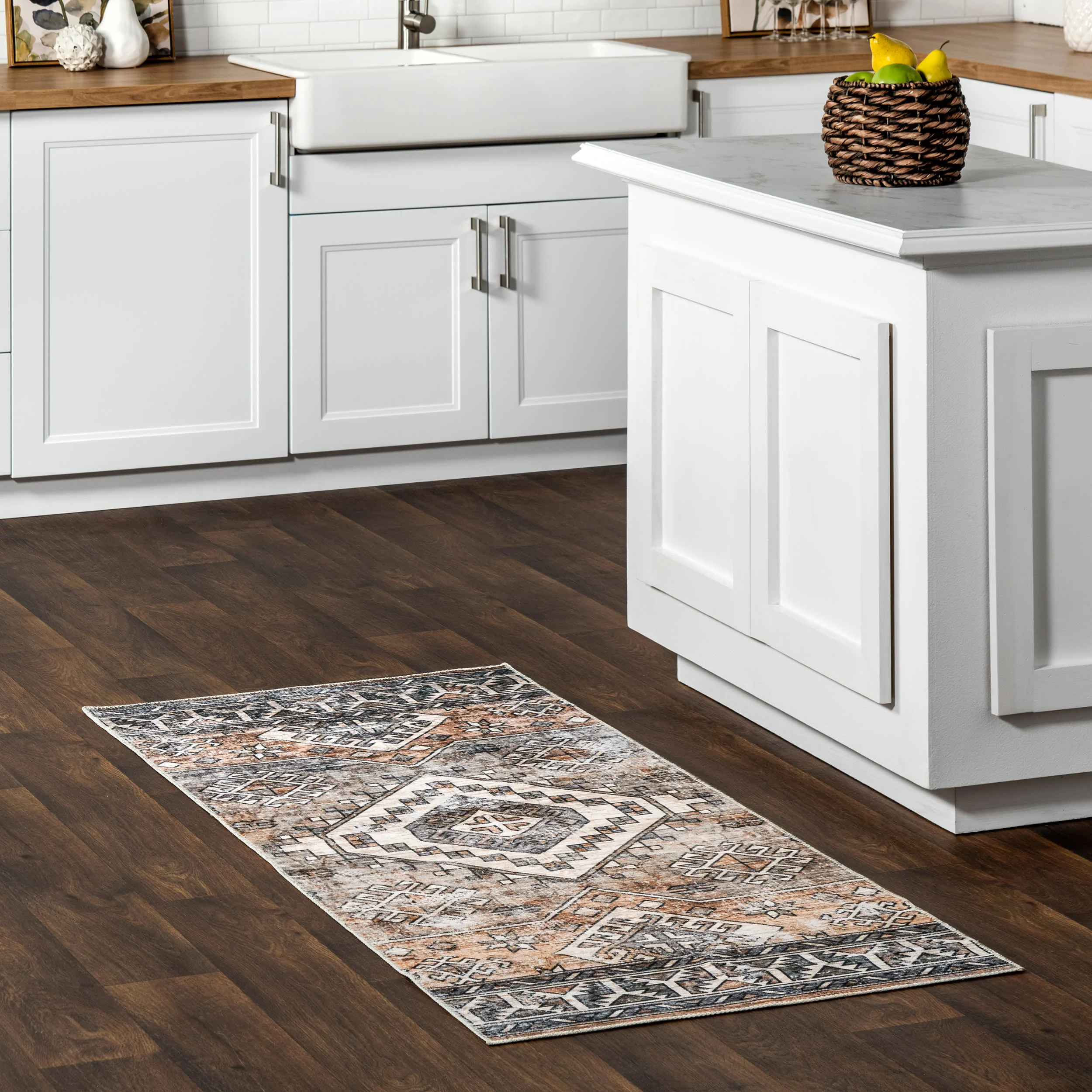 Faded Geometric Washable Rug | Rust - Image 2