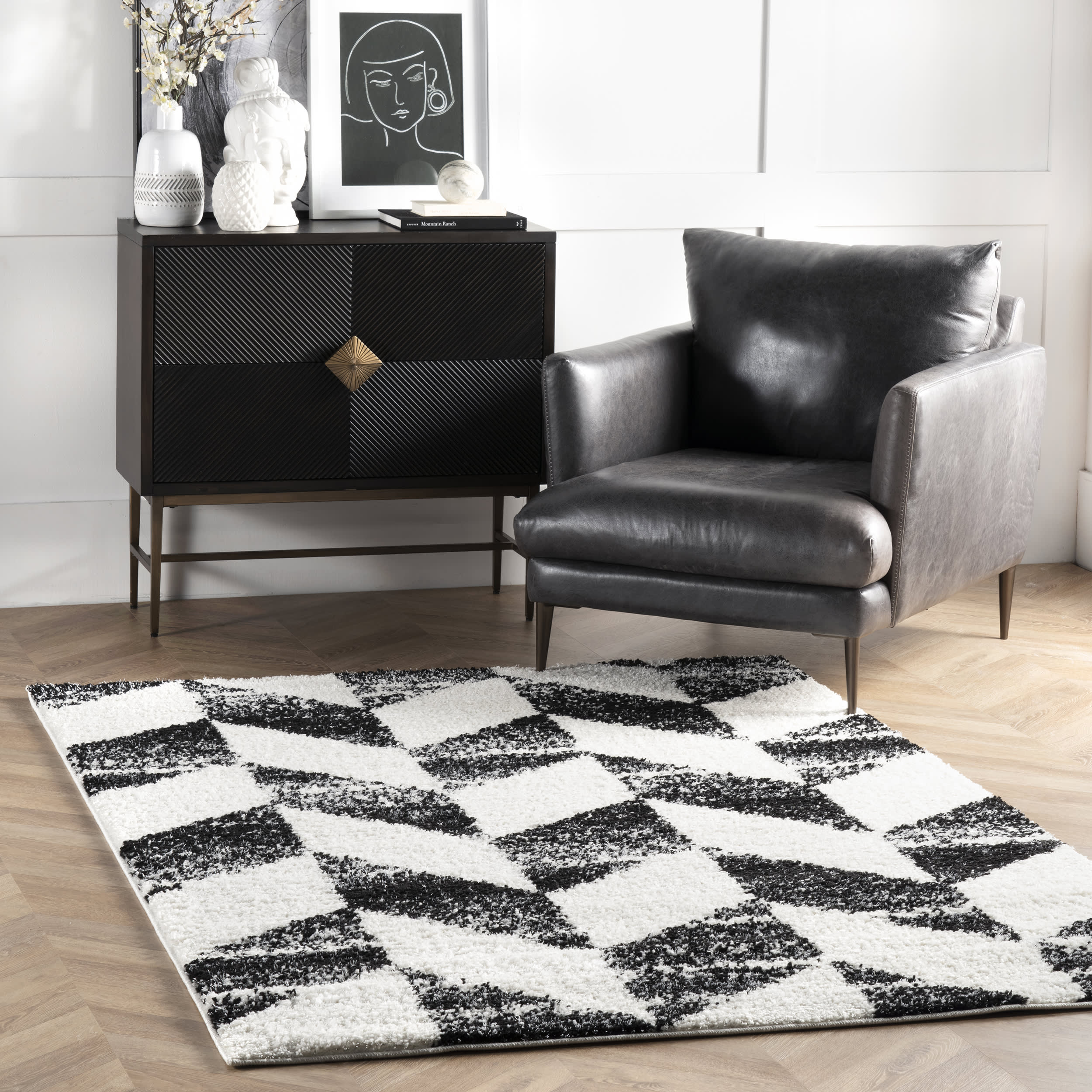 Faded Herringbone Shag Rug | Black And White - Image 2