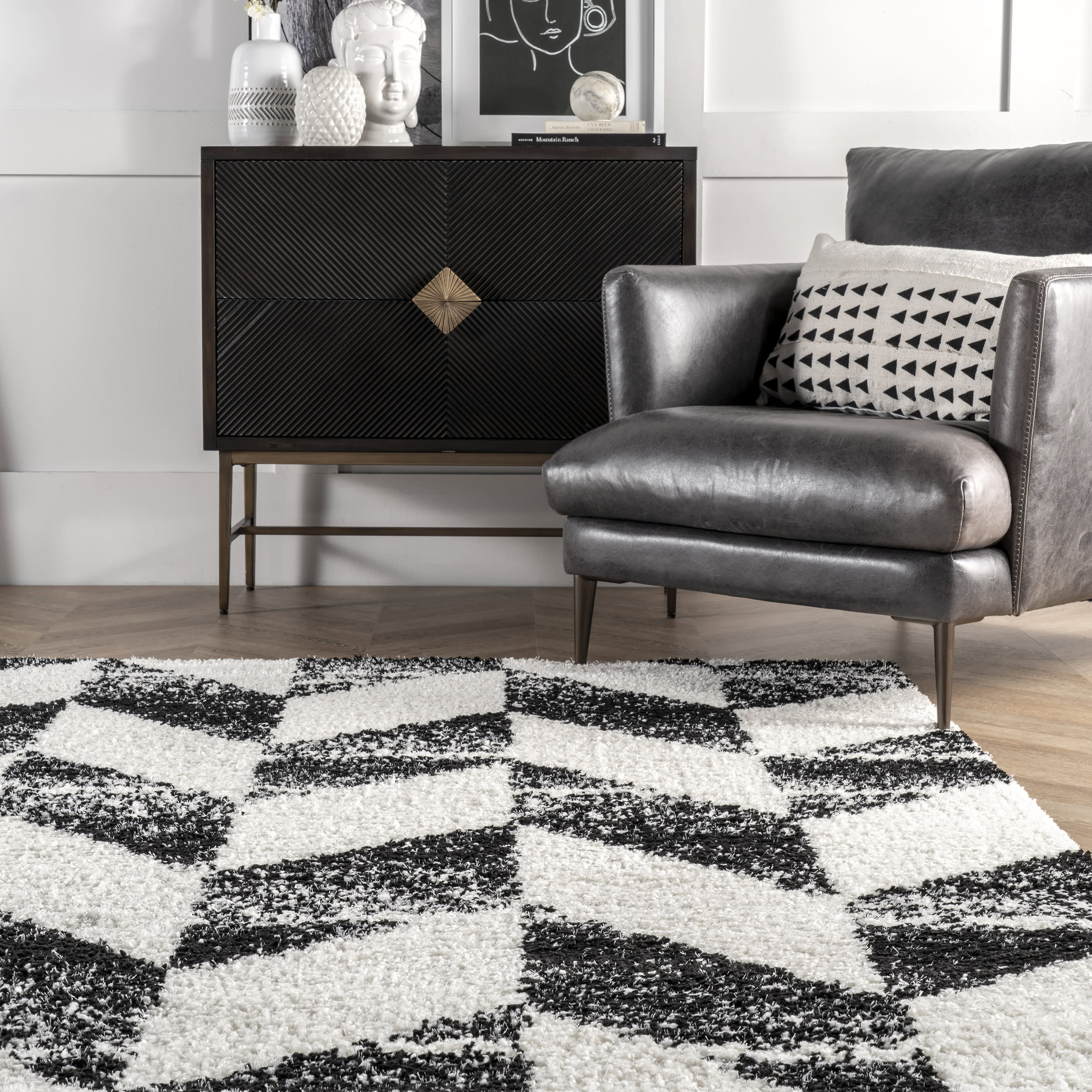 Faded Herringbone Shag Rug | Black And White - Image 4
