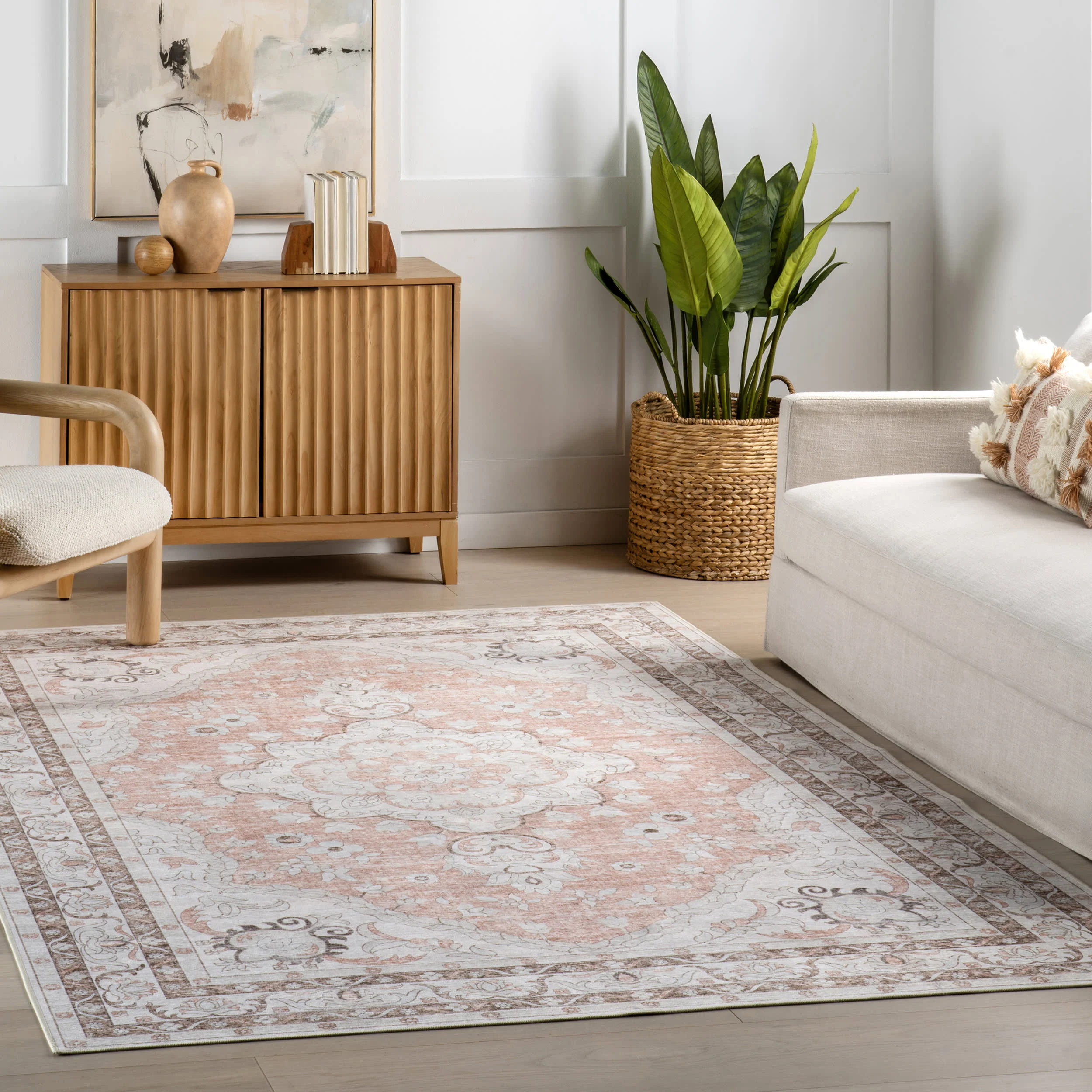 Faded Rosette Spill Proof Washable Rug | Peach - Image 2