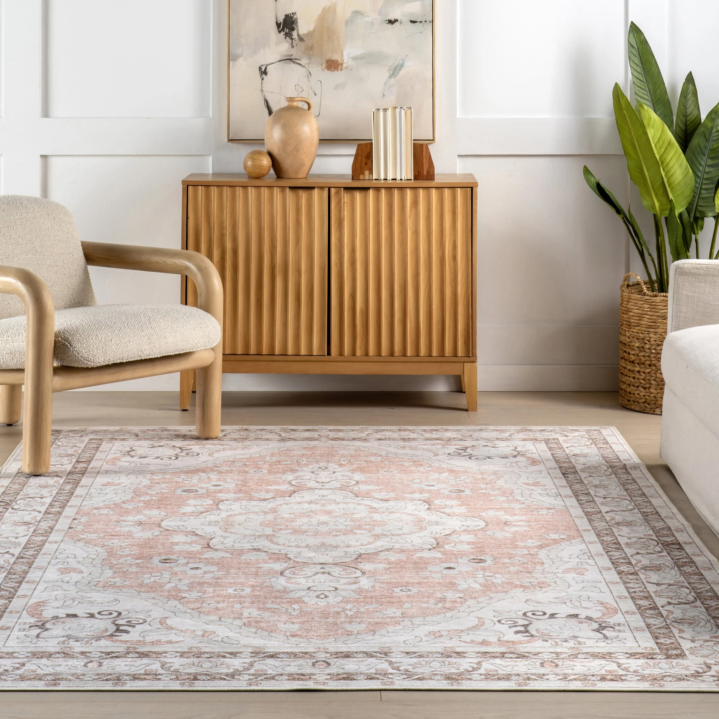 Faded Rosette Spill Proof Washable Rug | Peach - Image 5