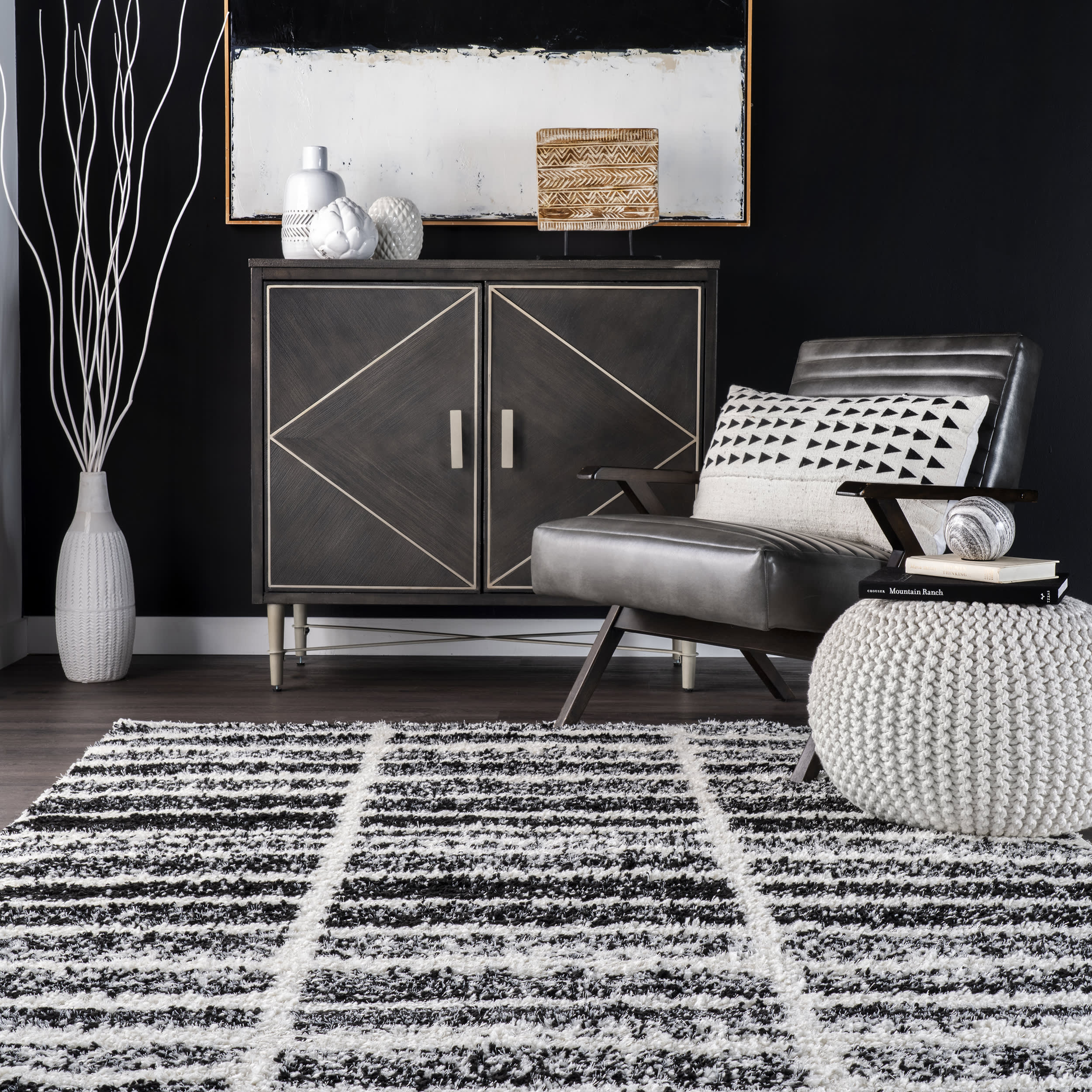 Faded Striped Shag Rug | Black And White - Image 4