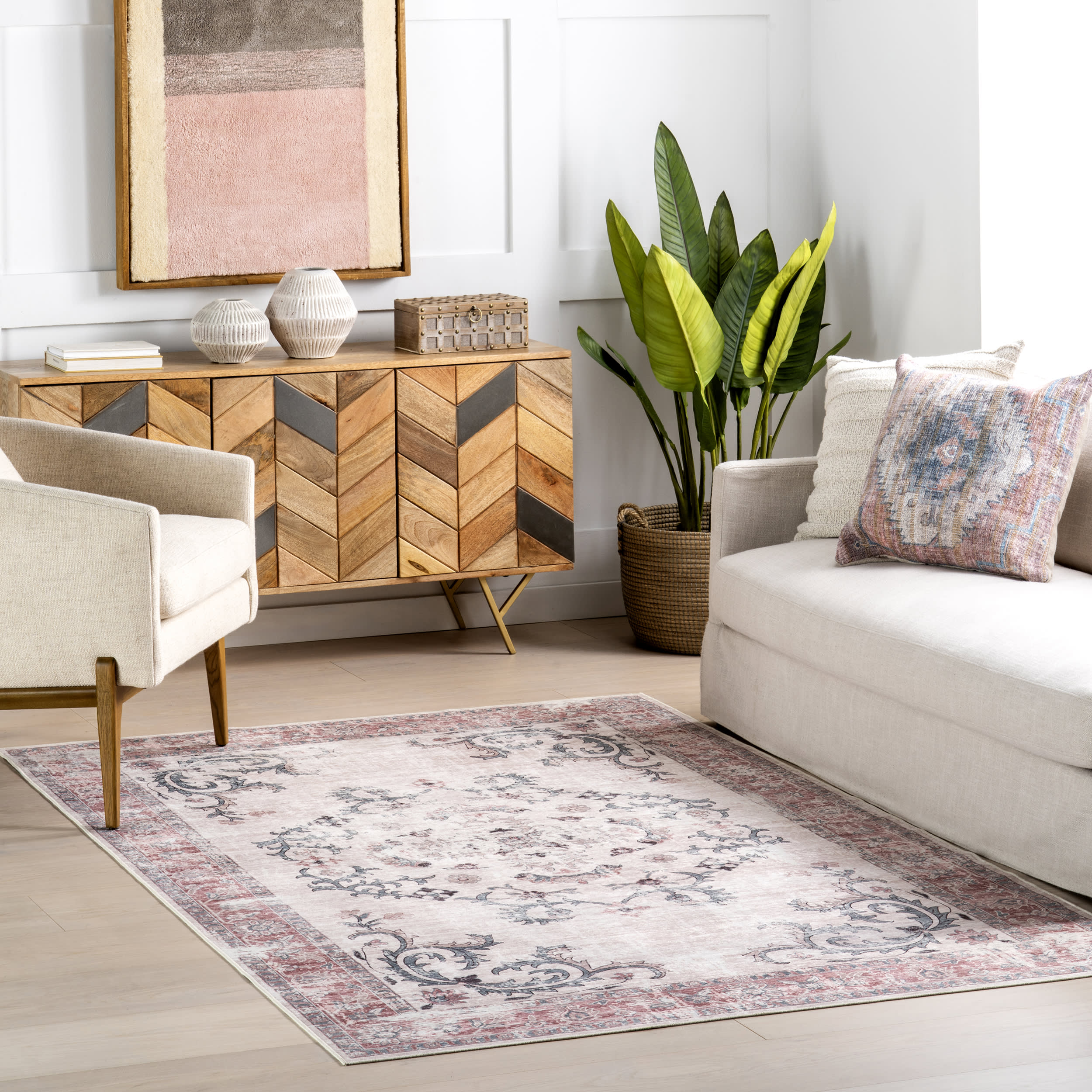 Faded Wreath Spill Proof Washable Rug | Light Grey - Image 2