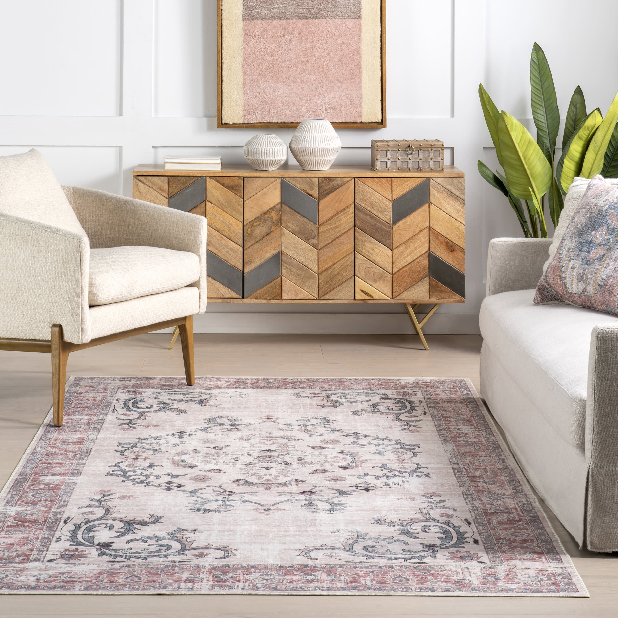Faded Wreath Spill Proof Washable Rug | Light Grey - Image 5