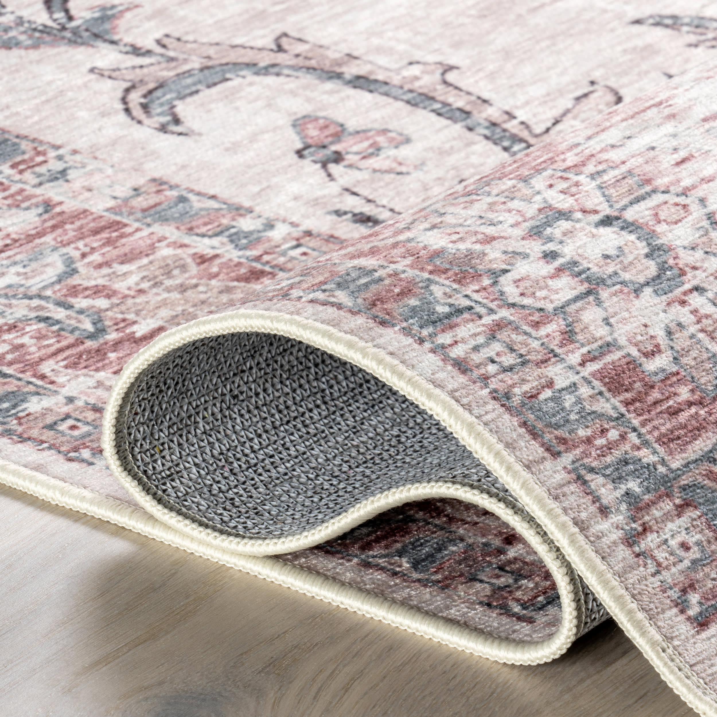Faded Wreath Spill Proof Washable Rug | Light Grey - Image 9