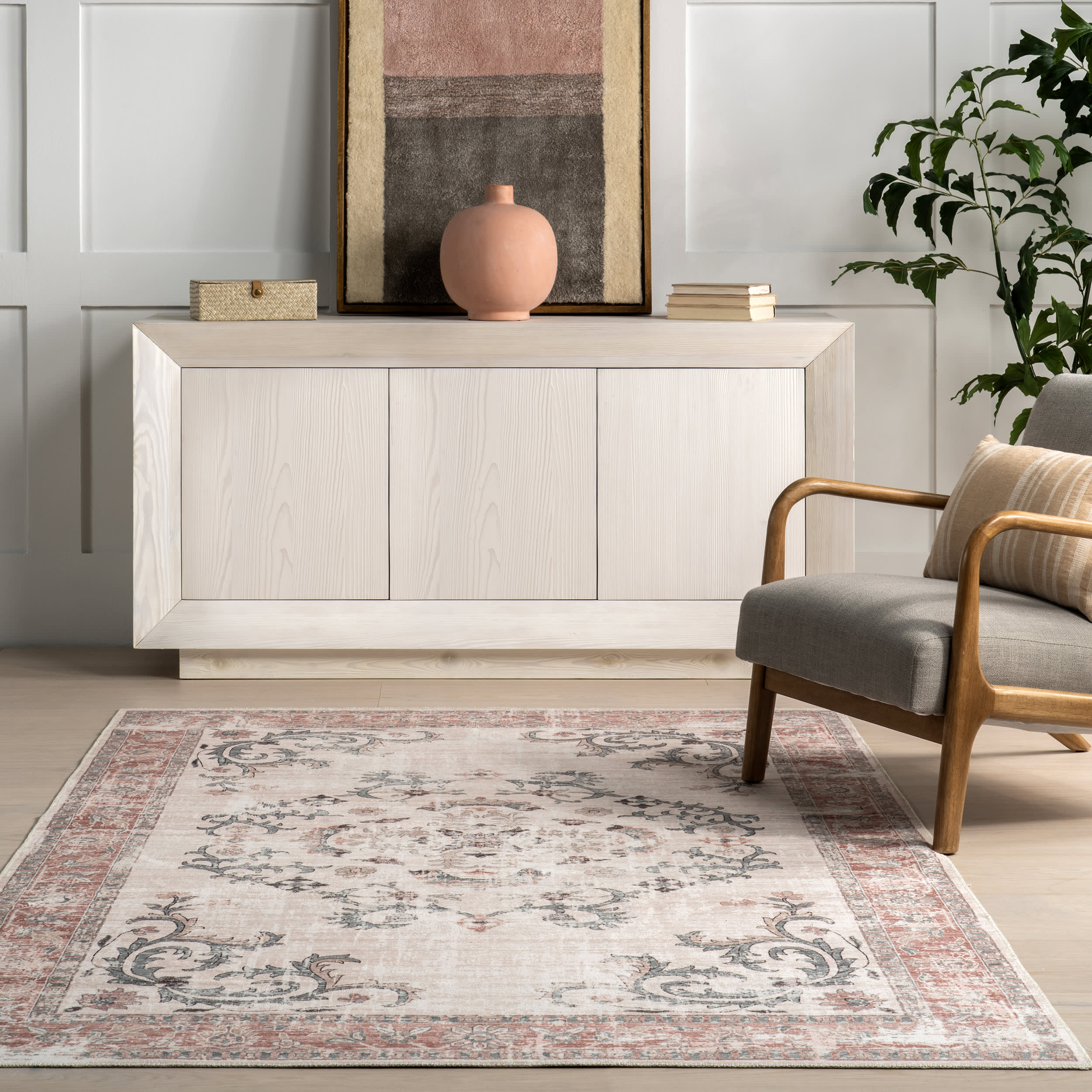 Faded Wreath Washable Rug | Light Grey - Image 4