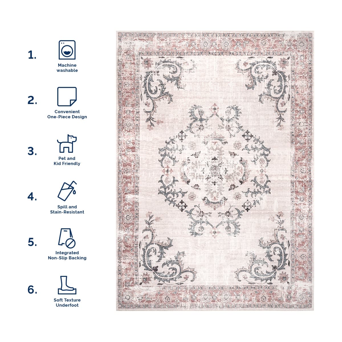 Faded Wreath Washable Rug | Light Grey - Image 6
