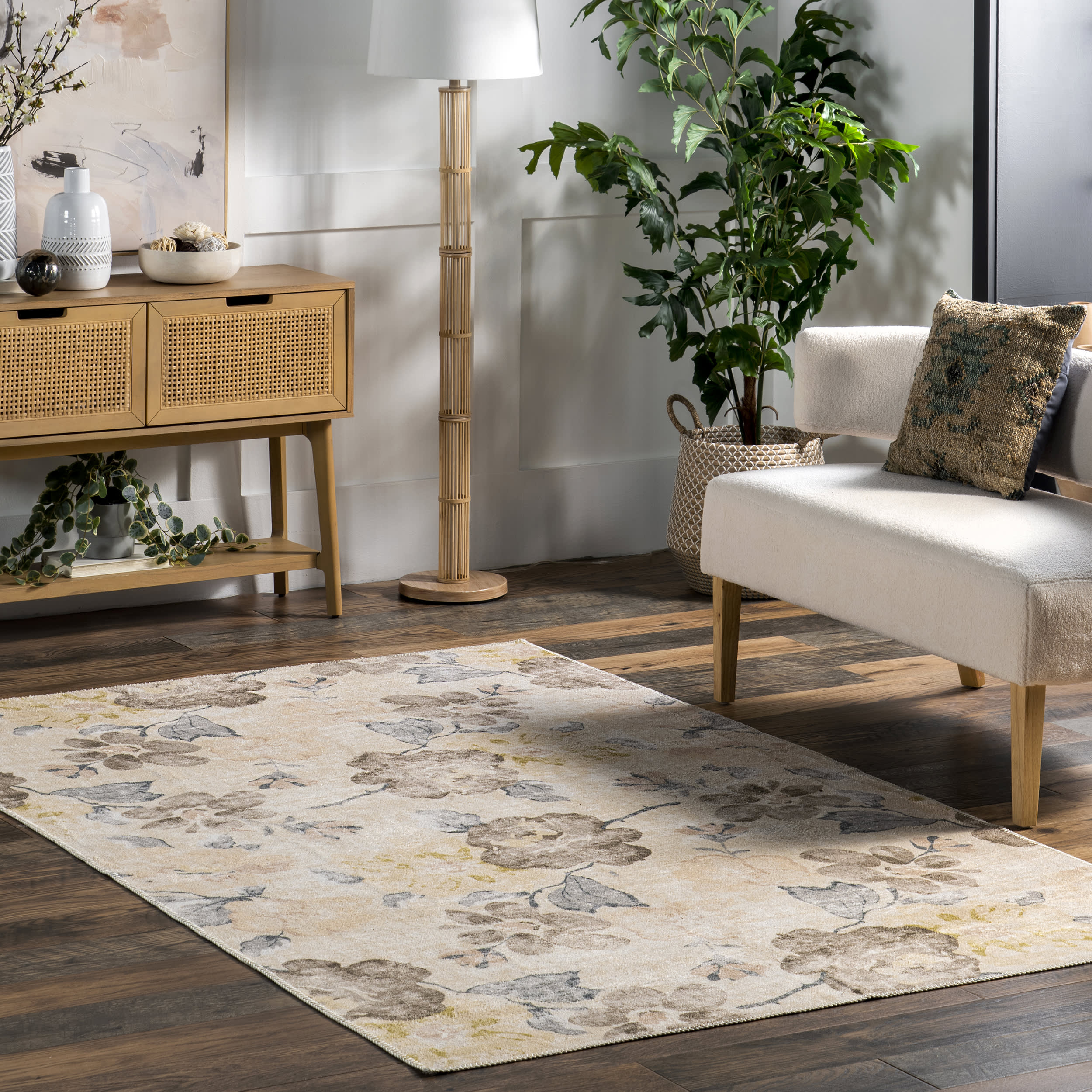 Fanya Floral Washable Rug | Beige - Image 2