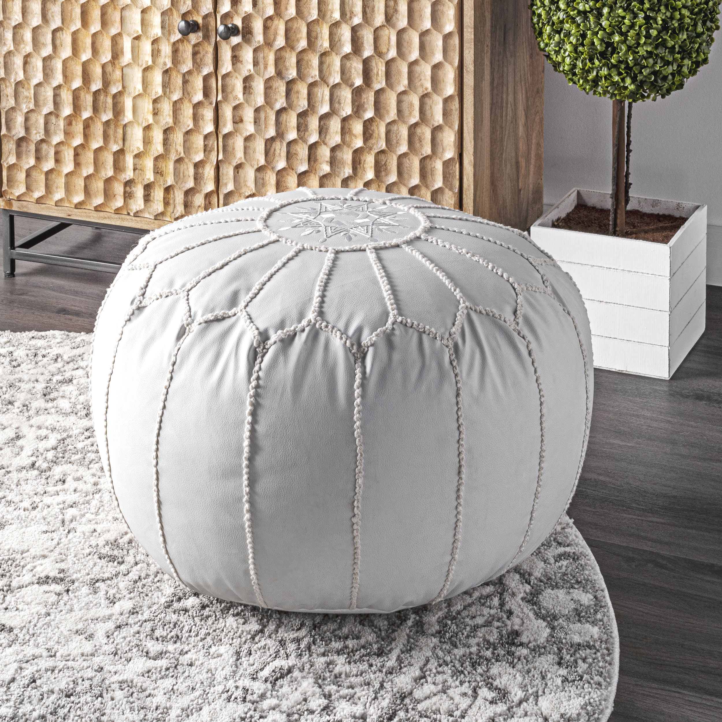 Faux Leather Pouf | Ivory - Image 2