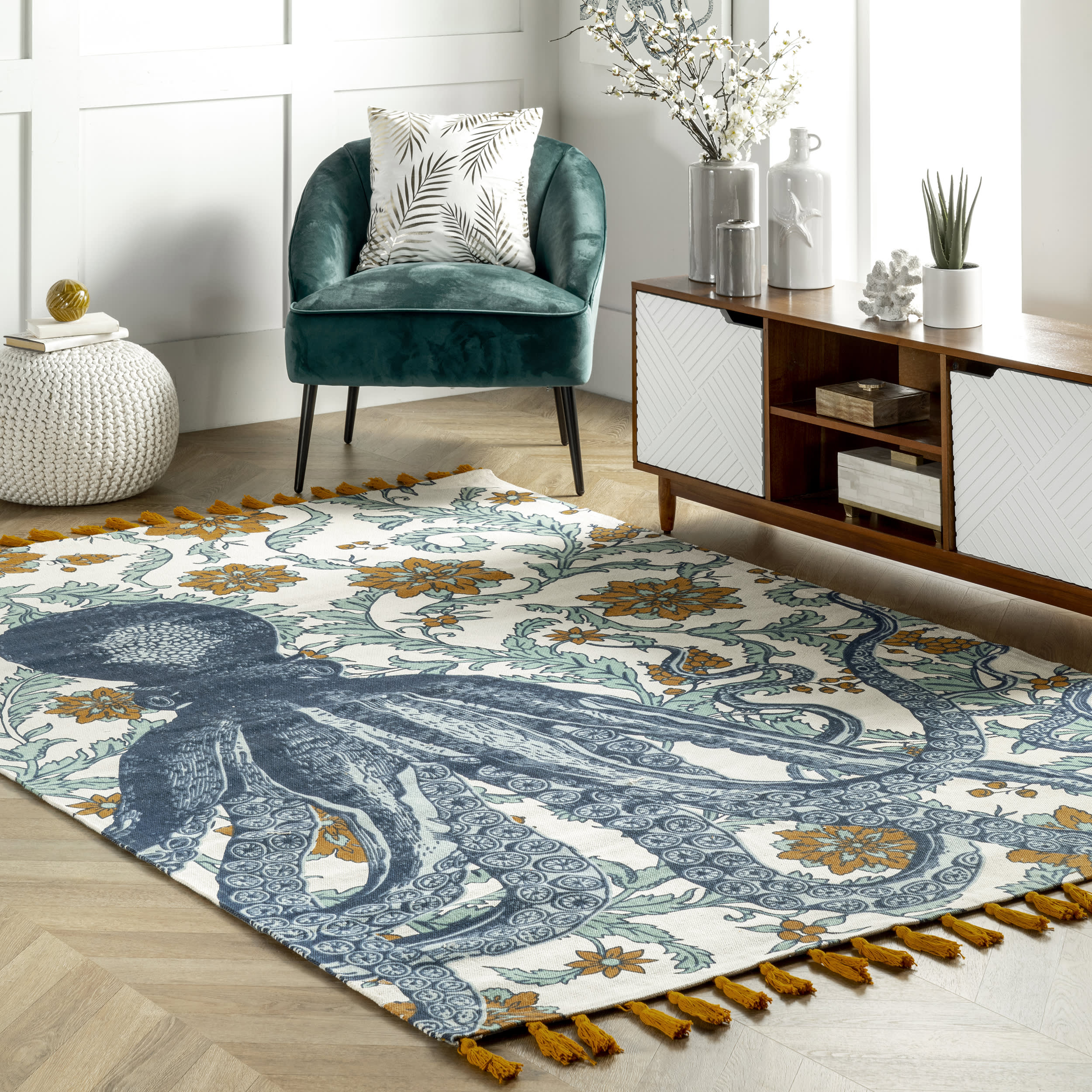 Flatweave Cotton Giant Octopus Rug | Blue Multicolor - Image 2