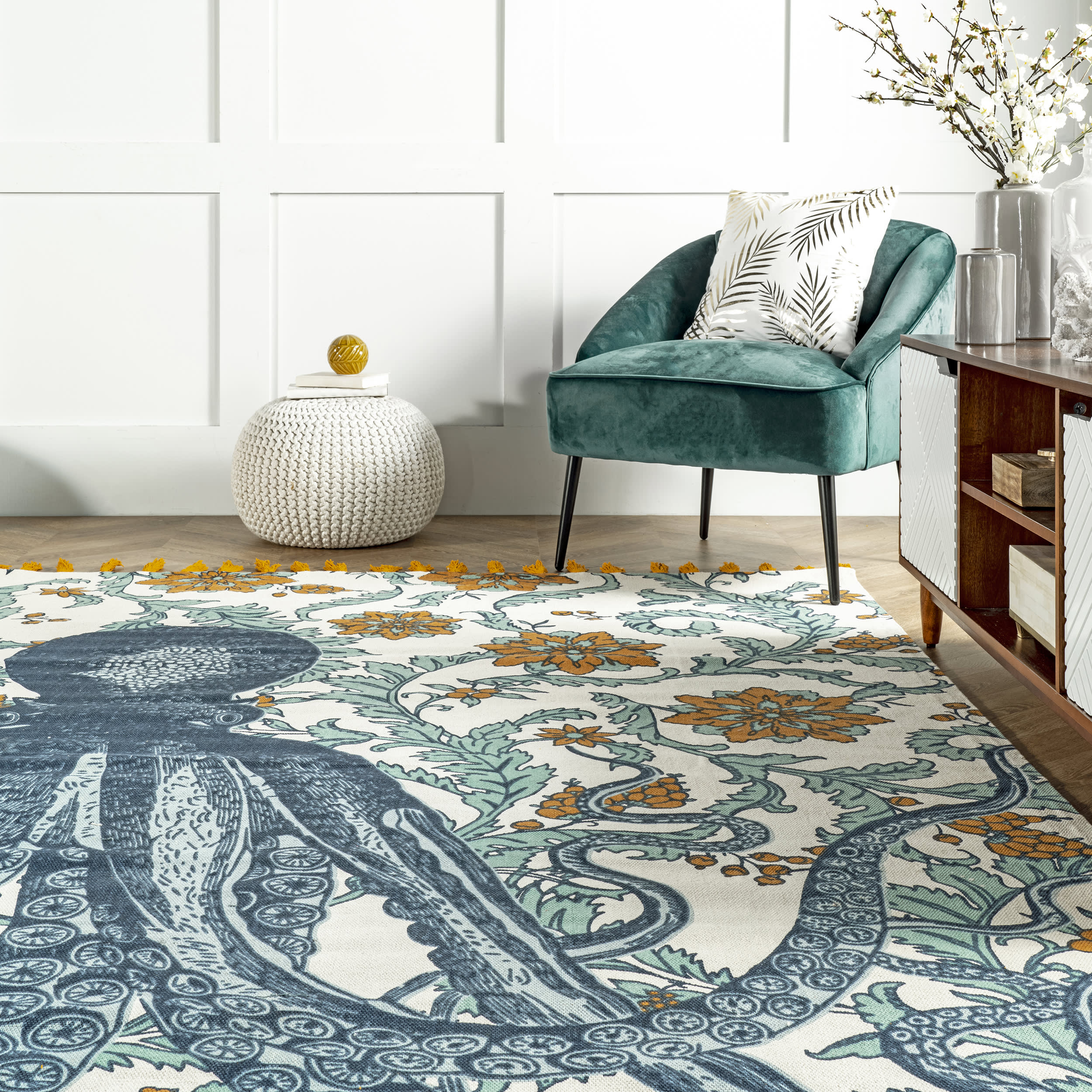 Flatweave Cotton Giant Octopus Rug | Blue Multicolor - Image 4