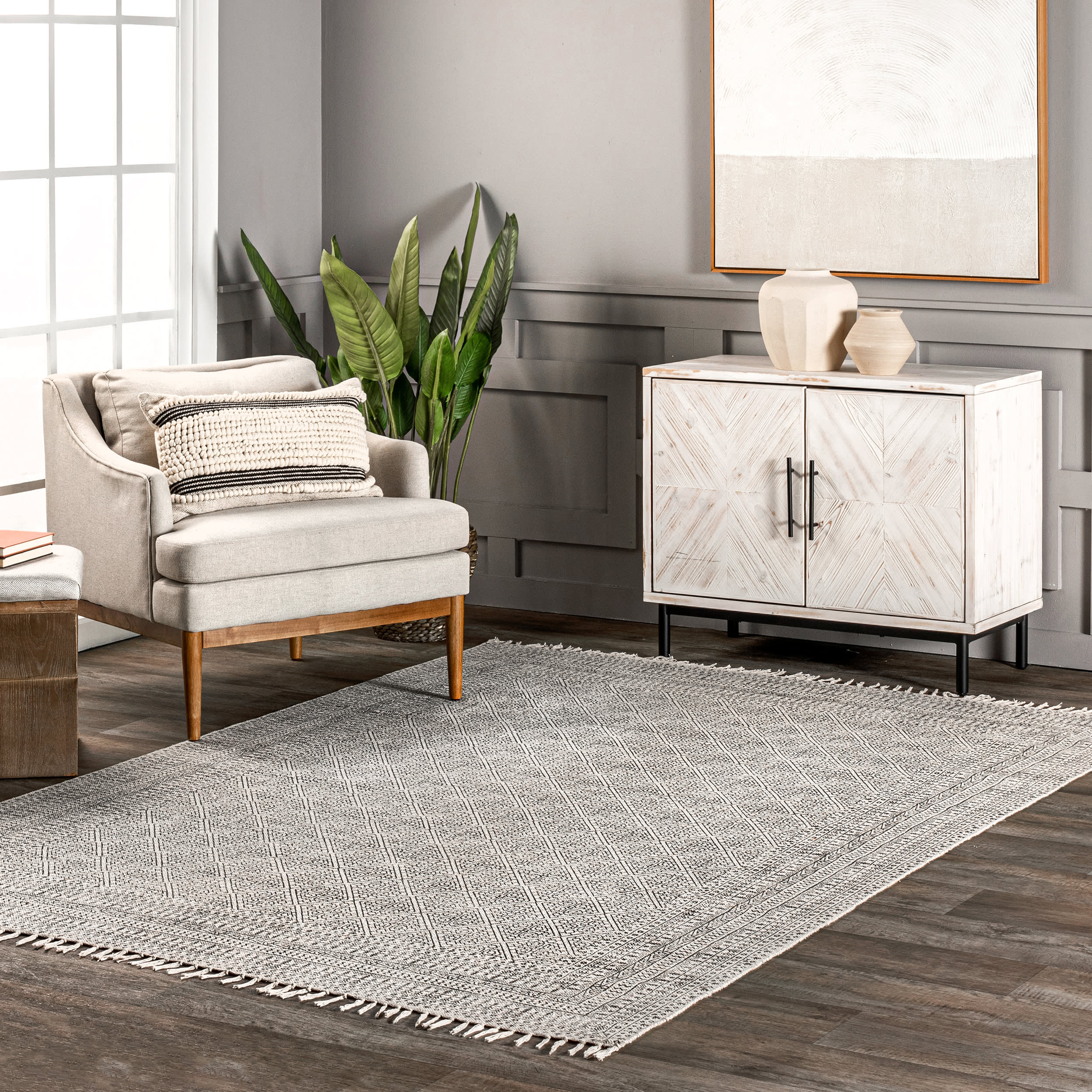 Flatweave Cotton Sparkling Moroccan Tribal Trellis Rug | Ivory - Image 2