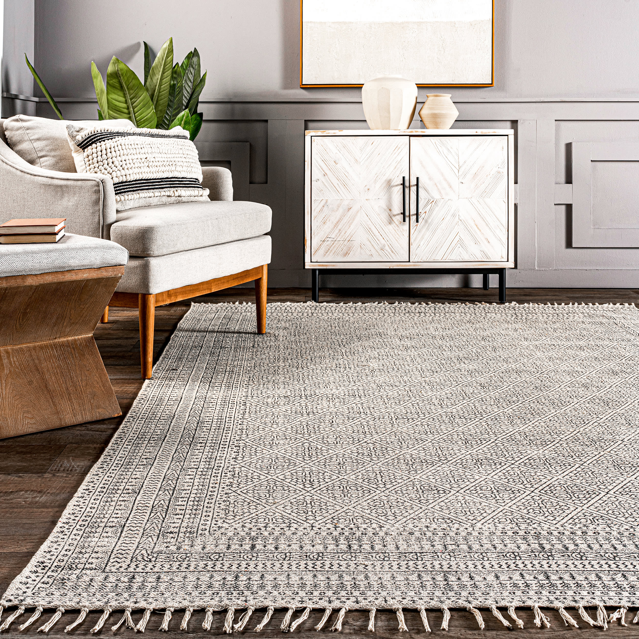 Flatweave Cotton Sparkling Moroccan Tribal Trellis Rug | Ivory - Image 4