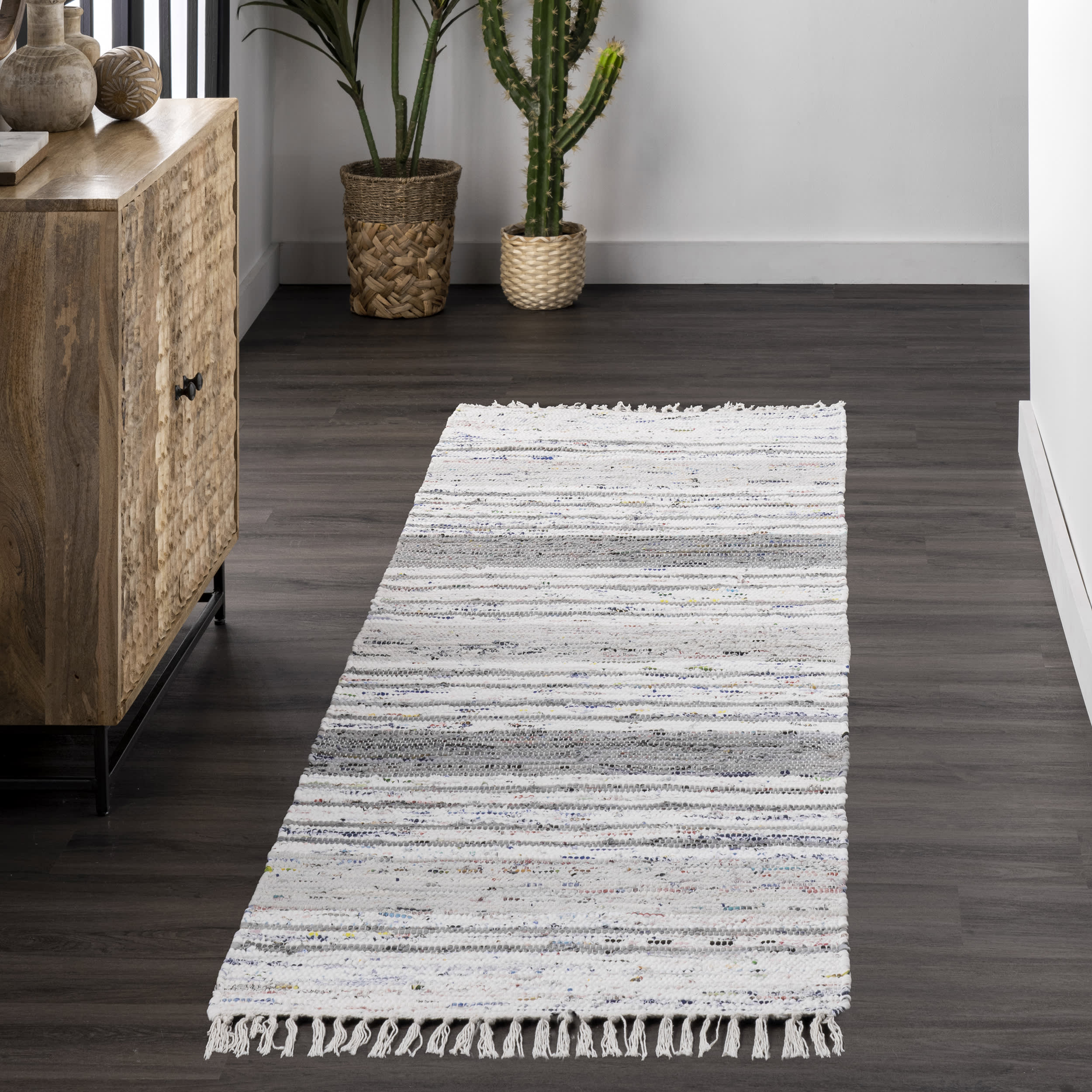 Flatwoven Mottled Stripes with Tassels Rug | Grey - Image 2