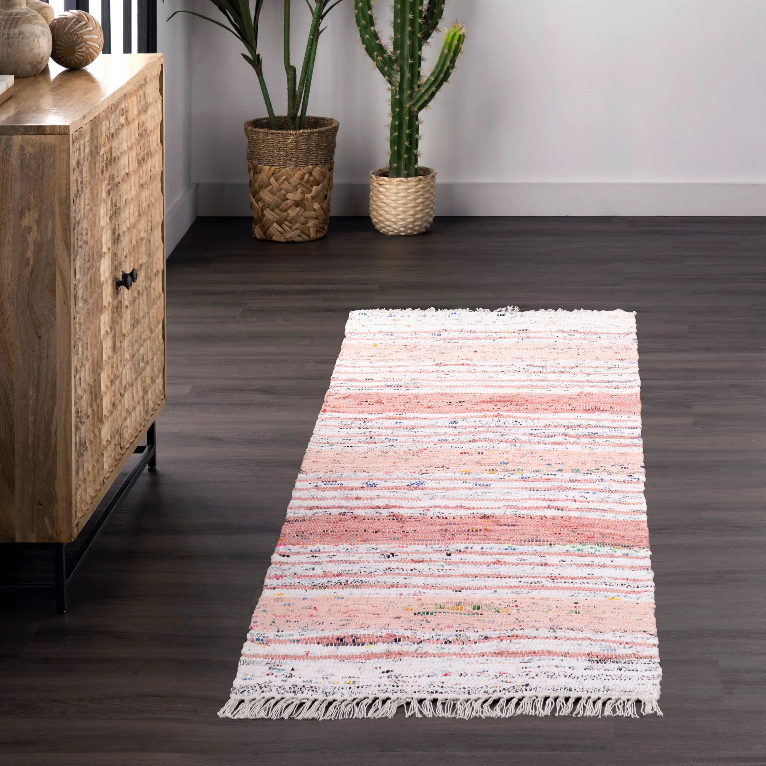 Flatwoven Mottled Stripes with Tassels Rug | Pink - Image 2