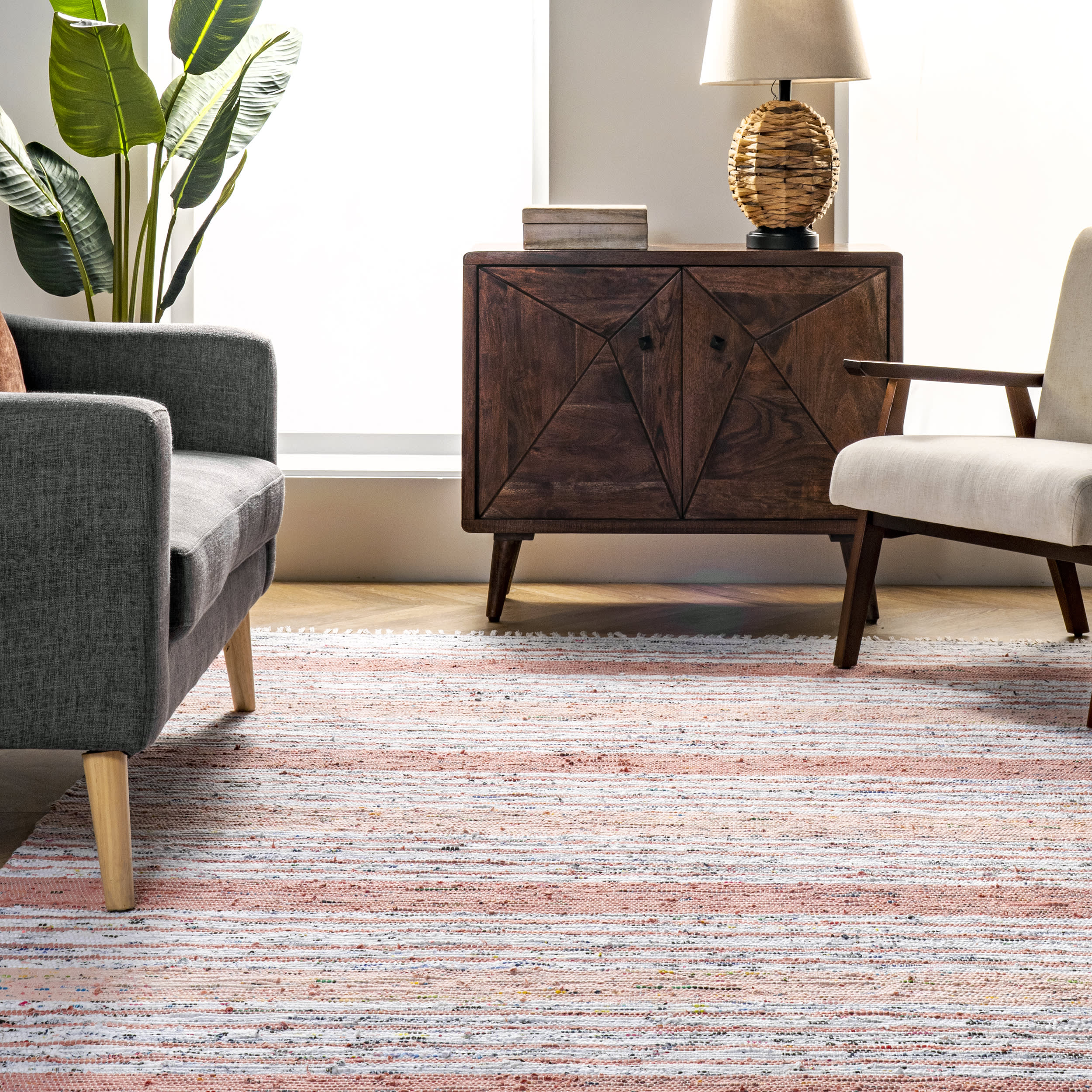 Flatwoven Mottled Stripes with Tassels Rug | Pink - Image 4