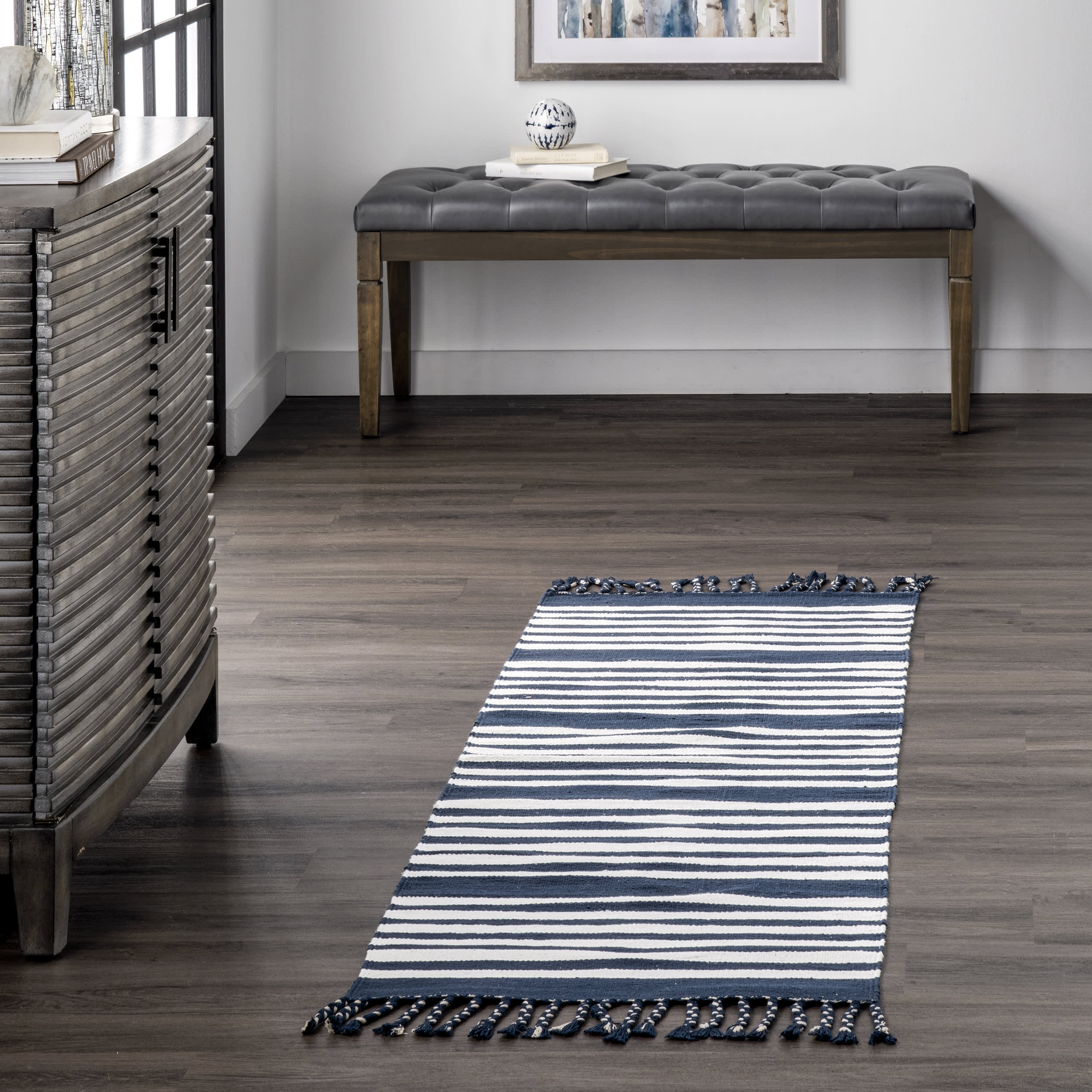 Flatwoven Pinstripes with Tassels Rug | Blue - Image 2