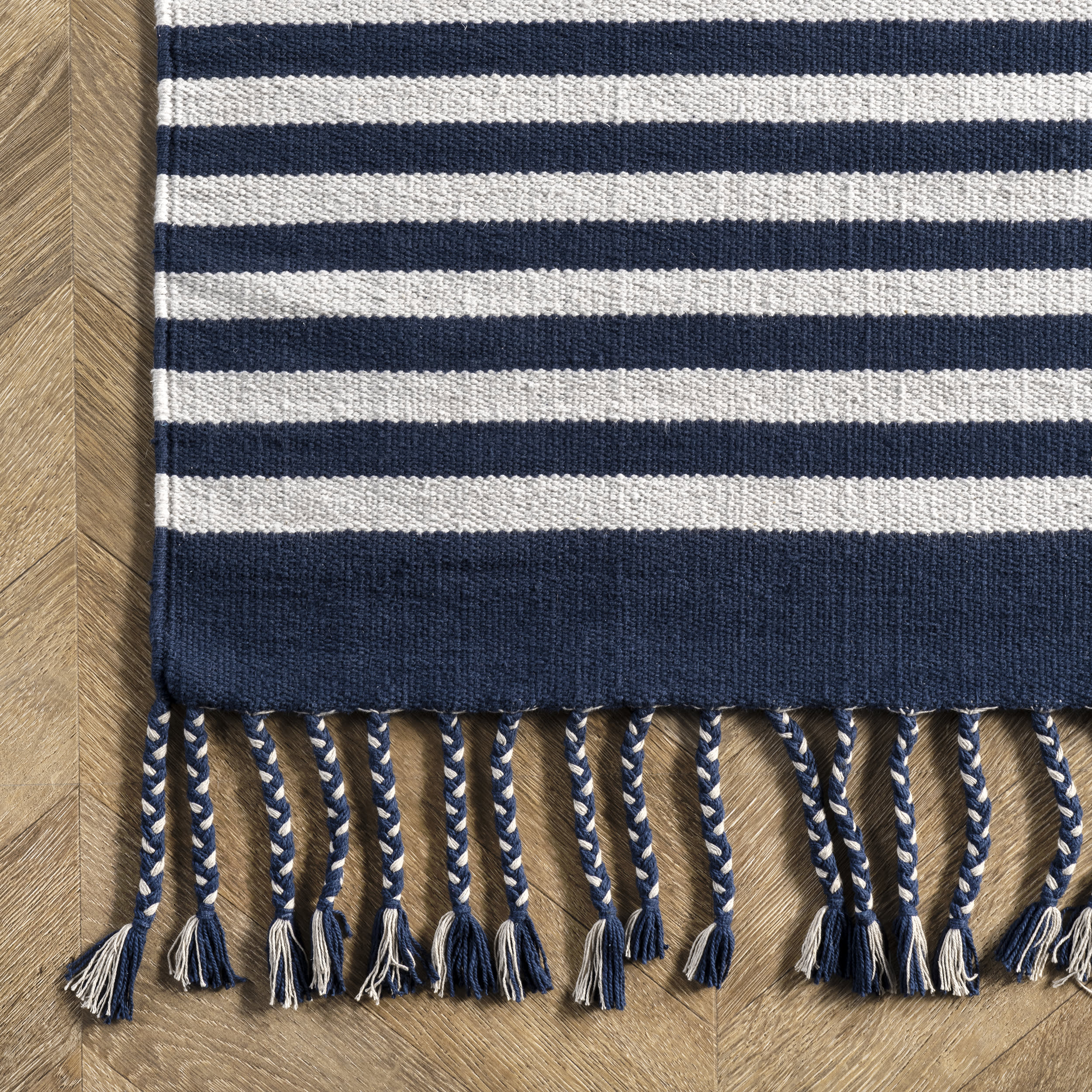 Flatwoven Pinstripes with Tassels Rug | Blue - Image 3