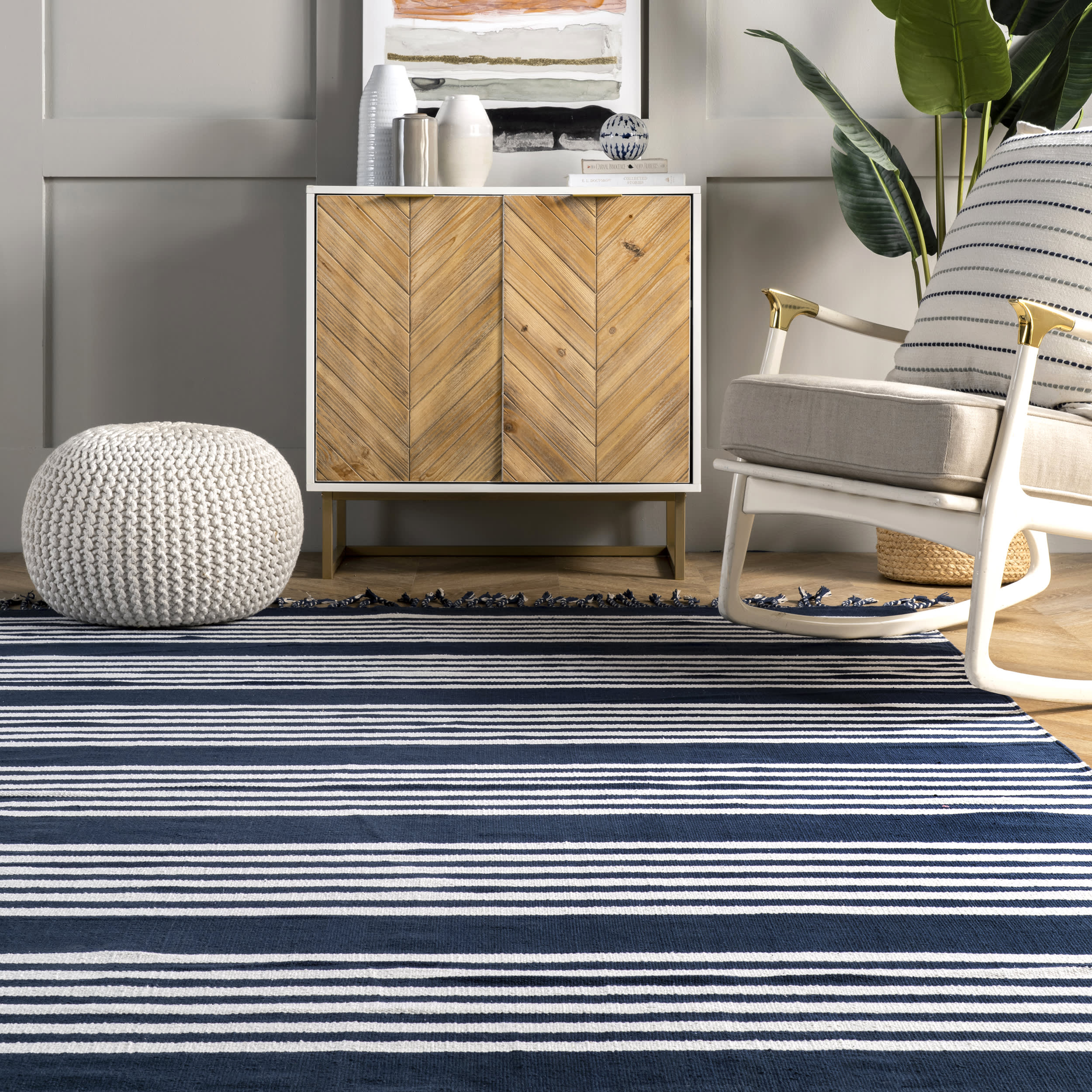 Flatwoven Pinstripes with Tassels Rug | Blue - Image 4