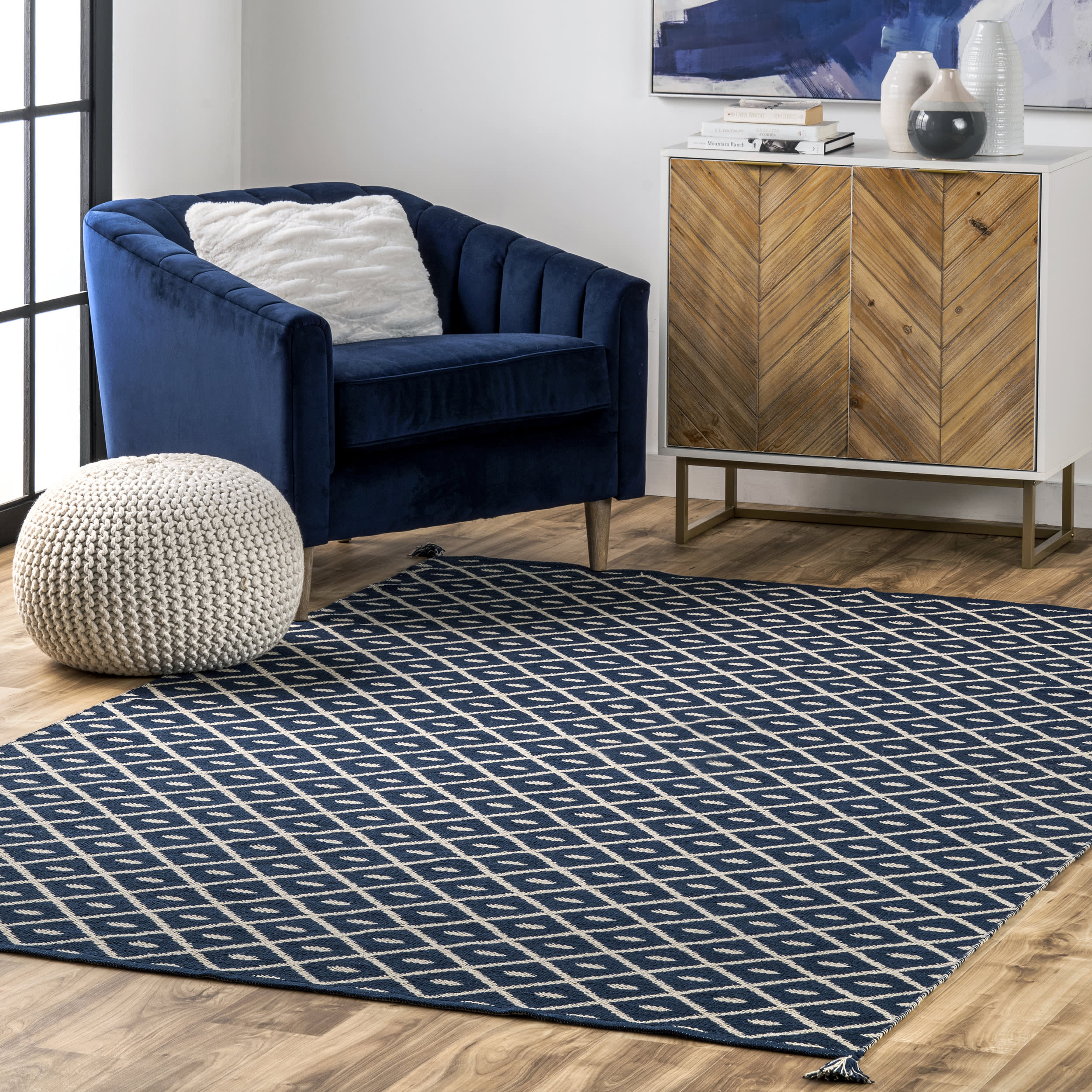 Flatwoven Pip Trellis with Tassels Rug | Blue - Image 2