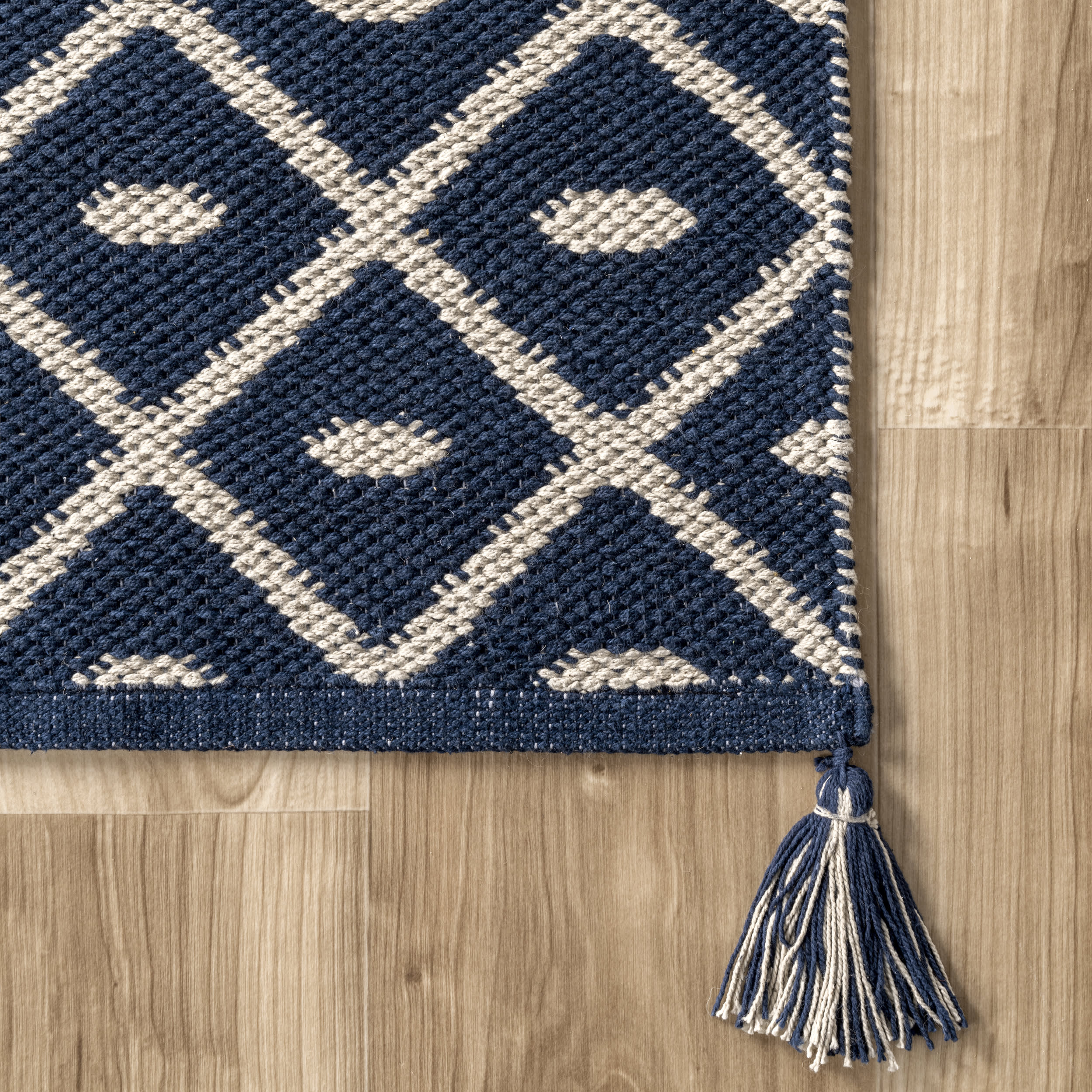Flatwoven Pip Trellis with Tassels Rug | Blue - Image 3
