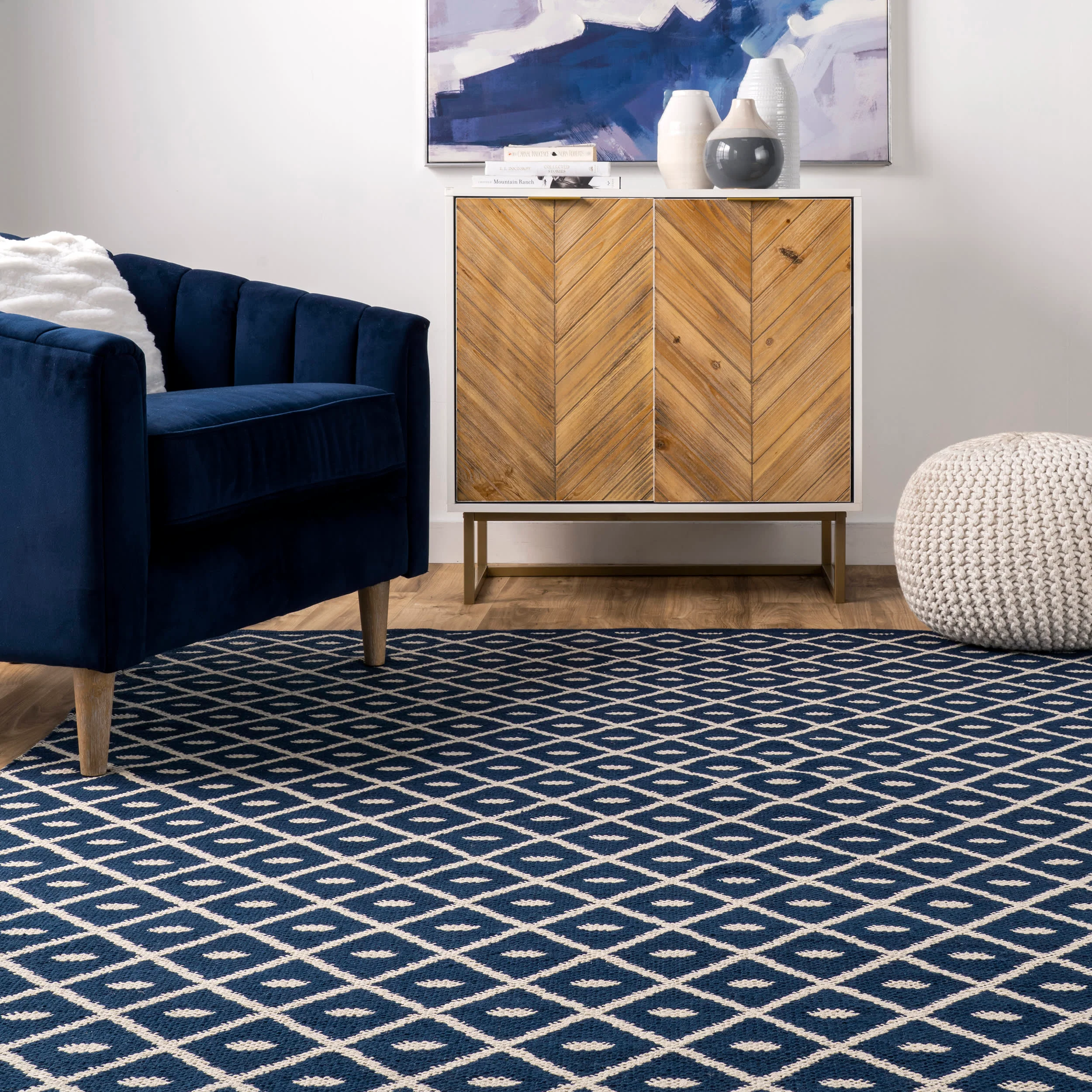 Flatwoven Pip Trellis with Tassels Rug | Blue - Image 4