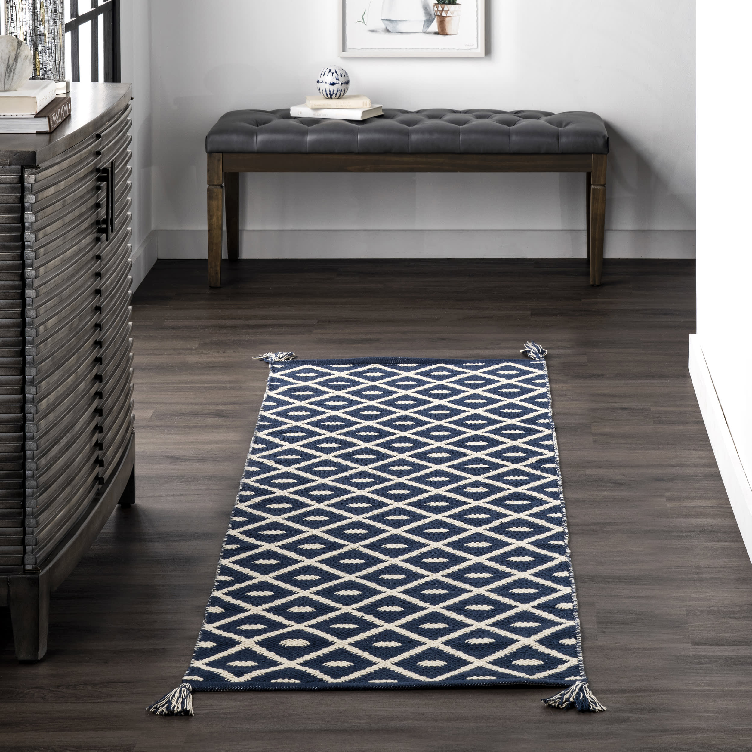 Flatwoven Pip Trellis with Tassels Rug | Blue - Image 2