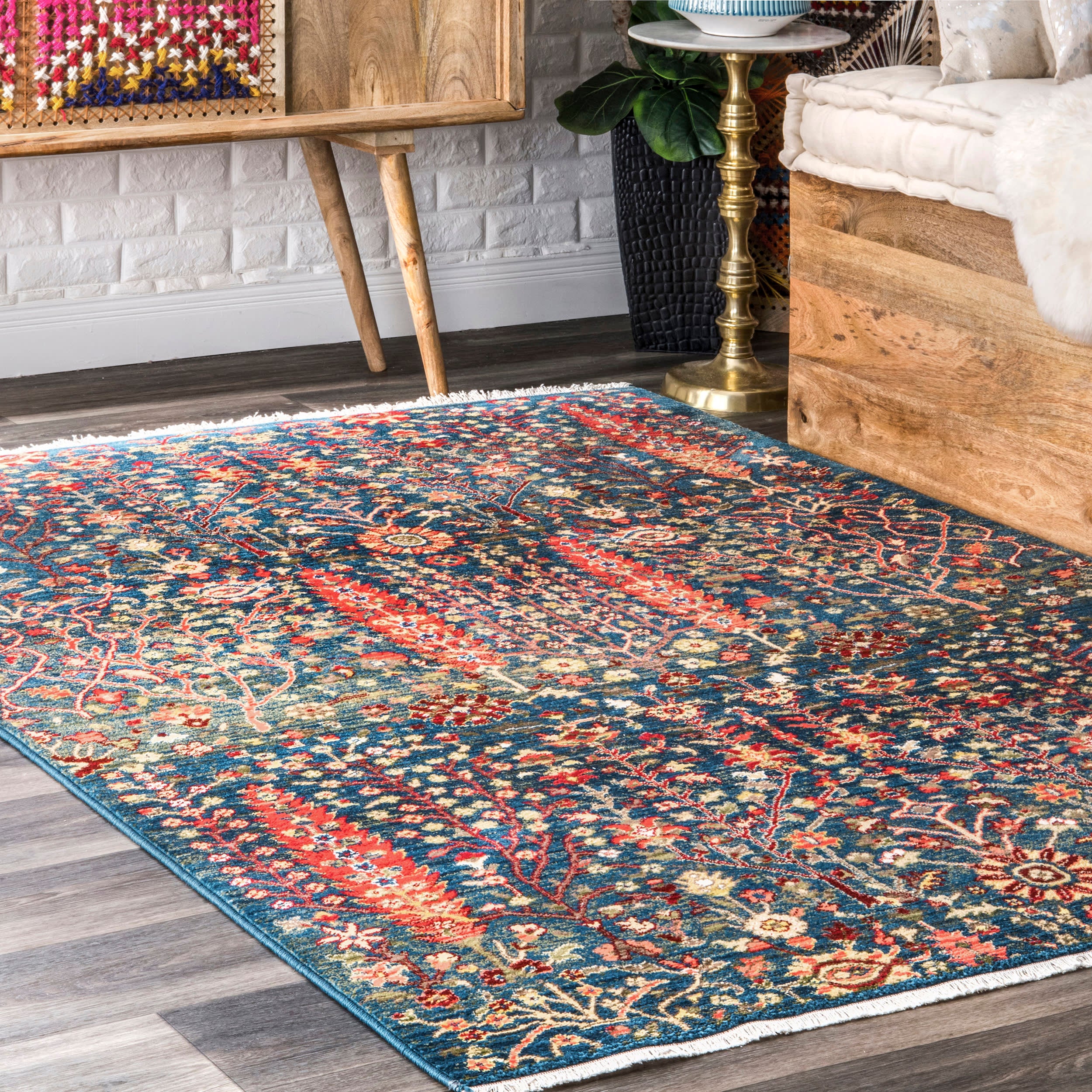 Floral Fringed Rug | Blue - Image 2