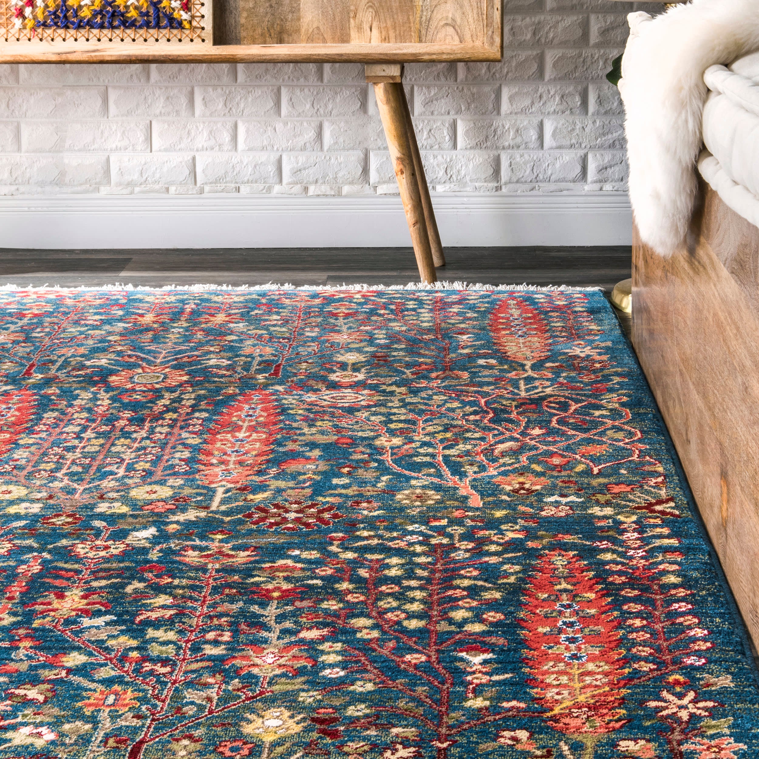 Floral Fringed Rug | Blue - Image 4