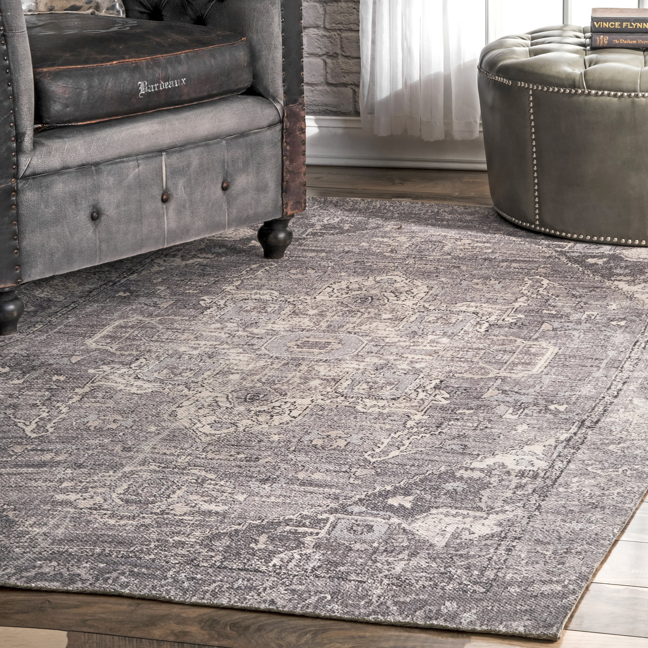 Florid Tribal Medallion Printed Rug | Grey - Image 2