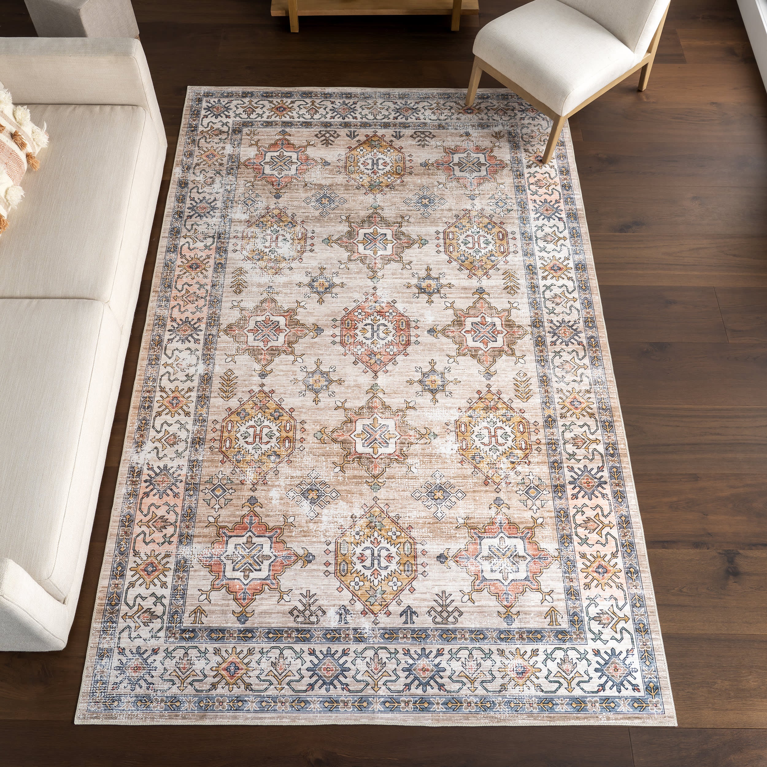 Francesca Timeworn Charm Spill Proof Washable Rug | Beige - Image 2
