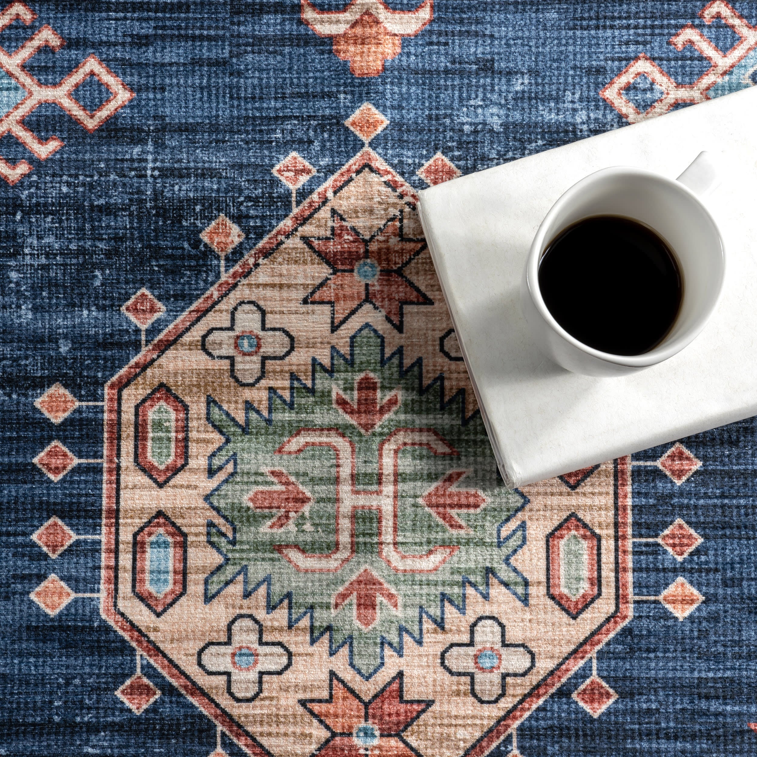 Francesca Timeworn Charm Spill Proof Washable Rug | Navy - Image 8